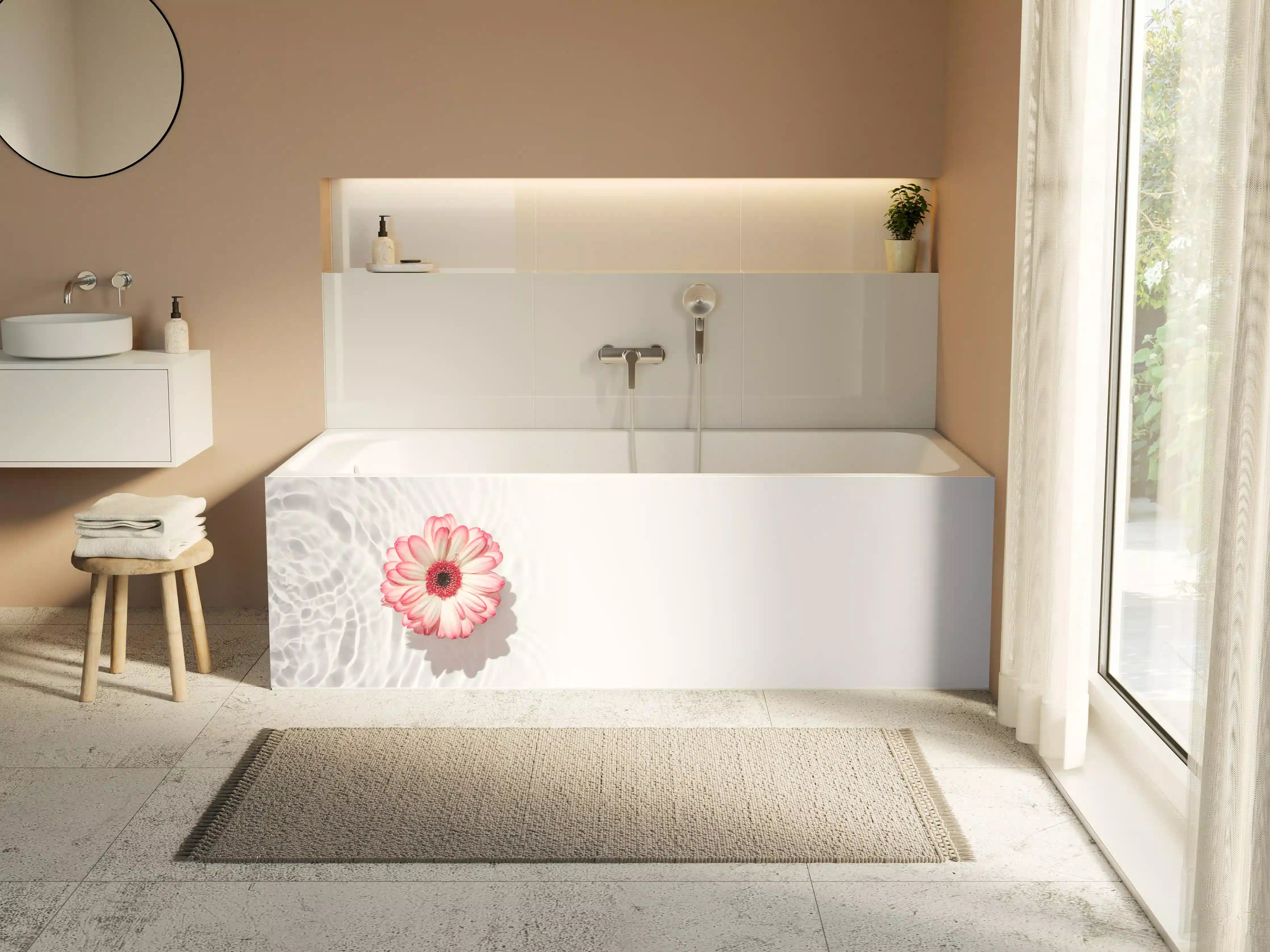 Badewannen-Rückwand - Weiß-Grau mit Rosa Gerbera