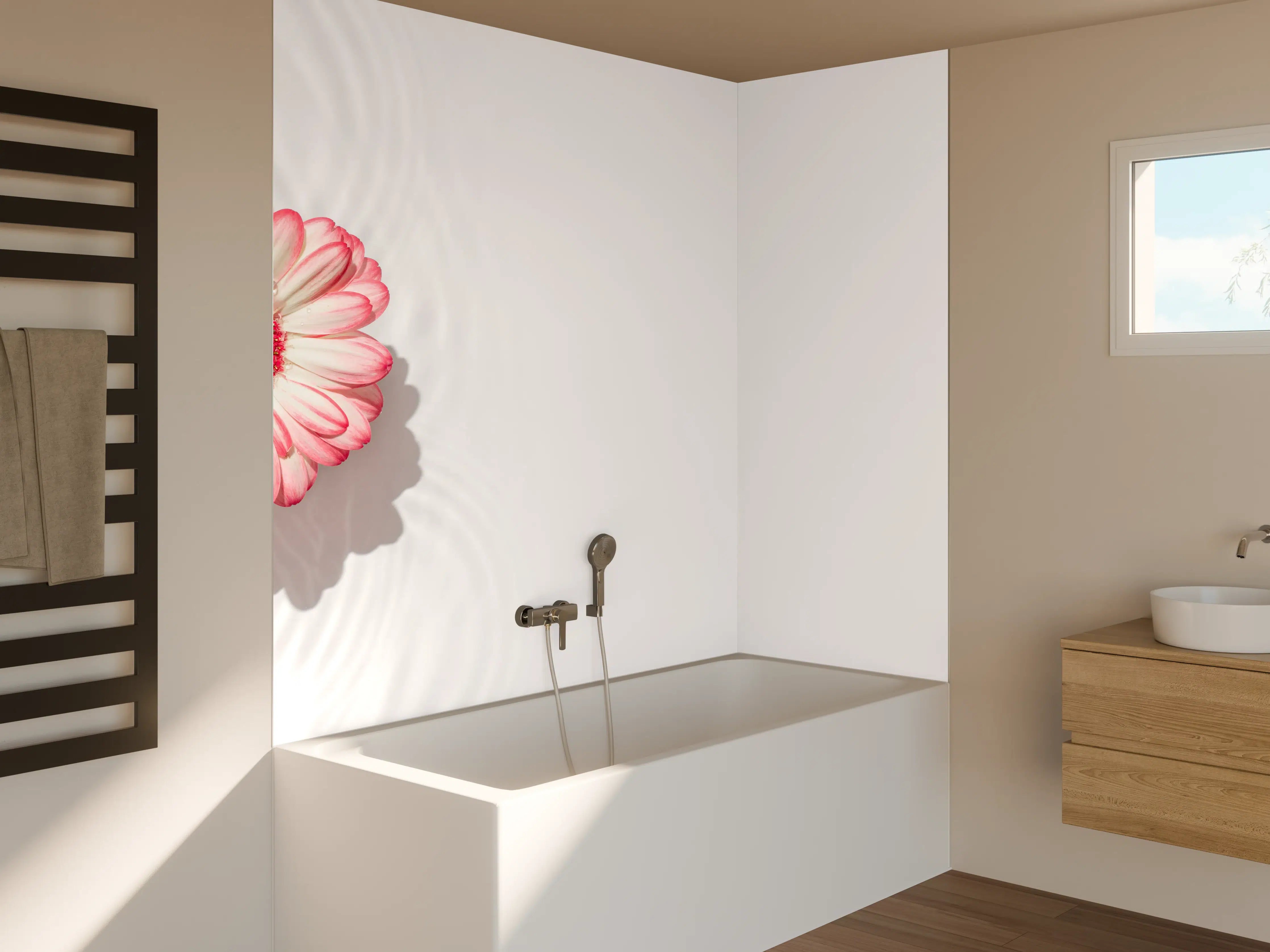 Badewannen-Rückwand - Weiß-Grau mit Rosa Gerbera