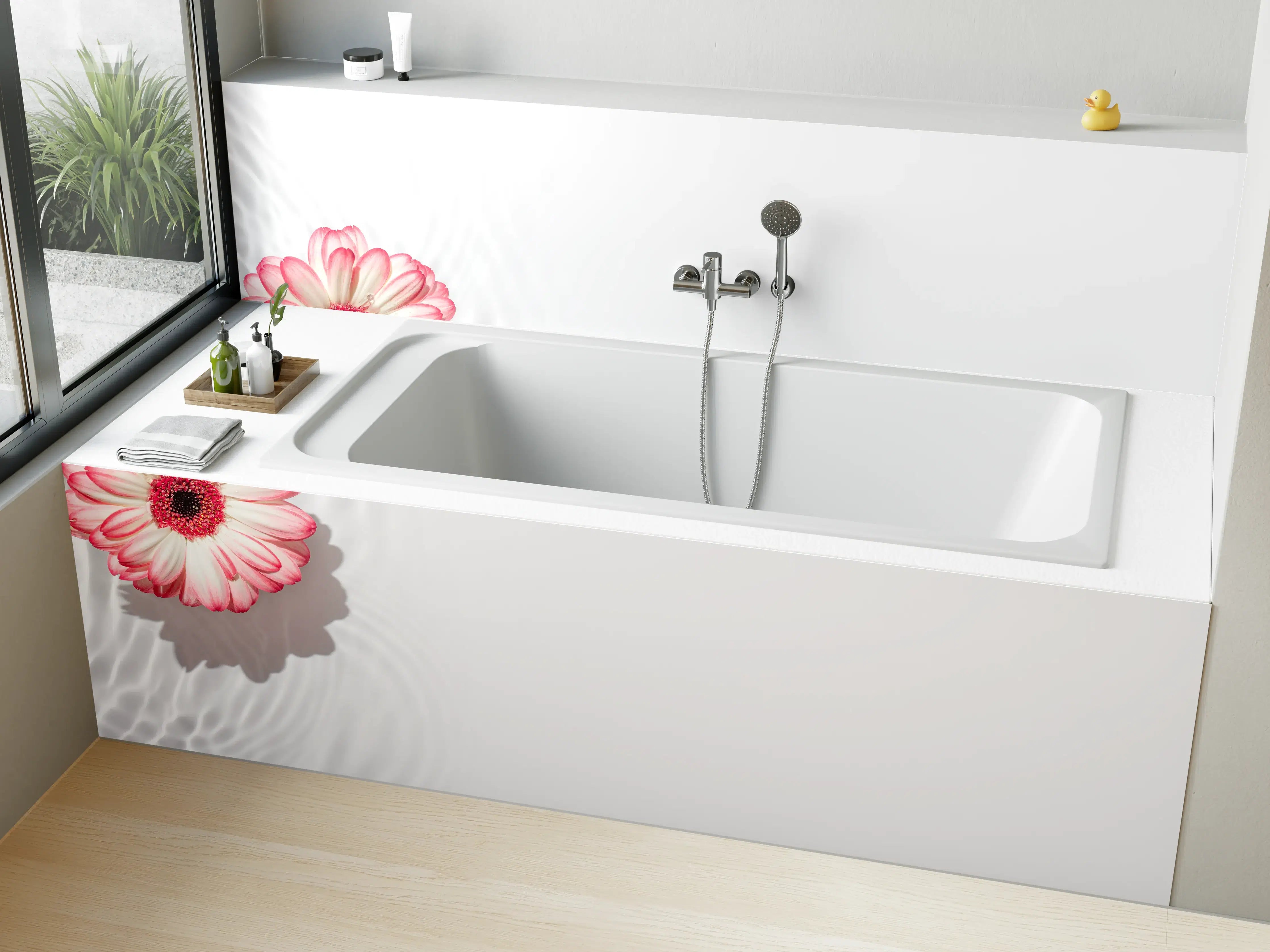 Badewannen-Rückwand - Weiß-Grau mit Rosa Gerbera