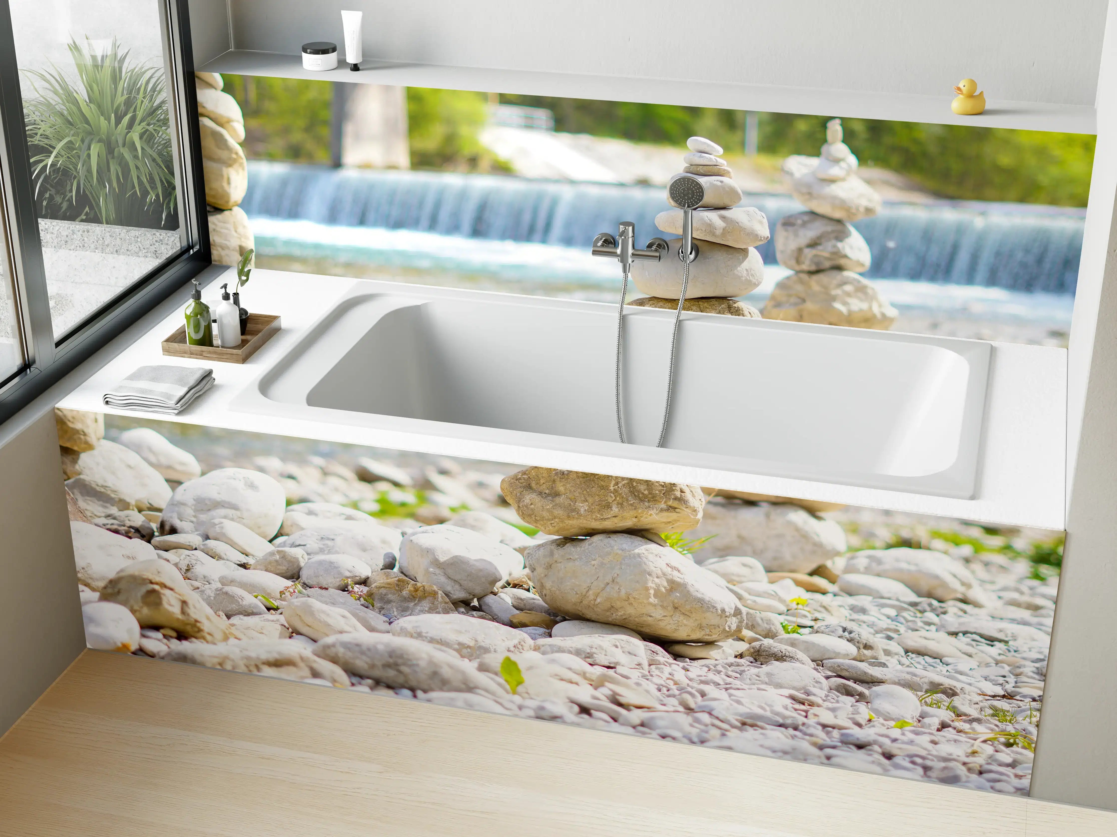 Badewannen-Rückwand - Weiß-Graue Flusssteinbalance