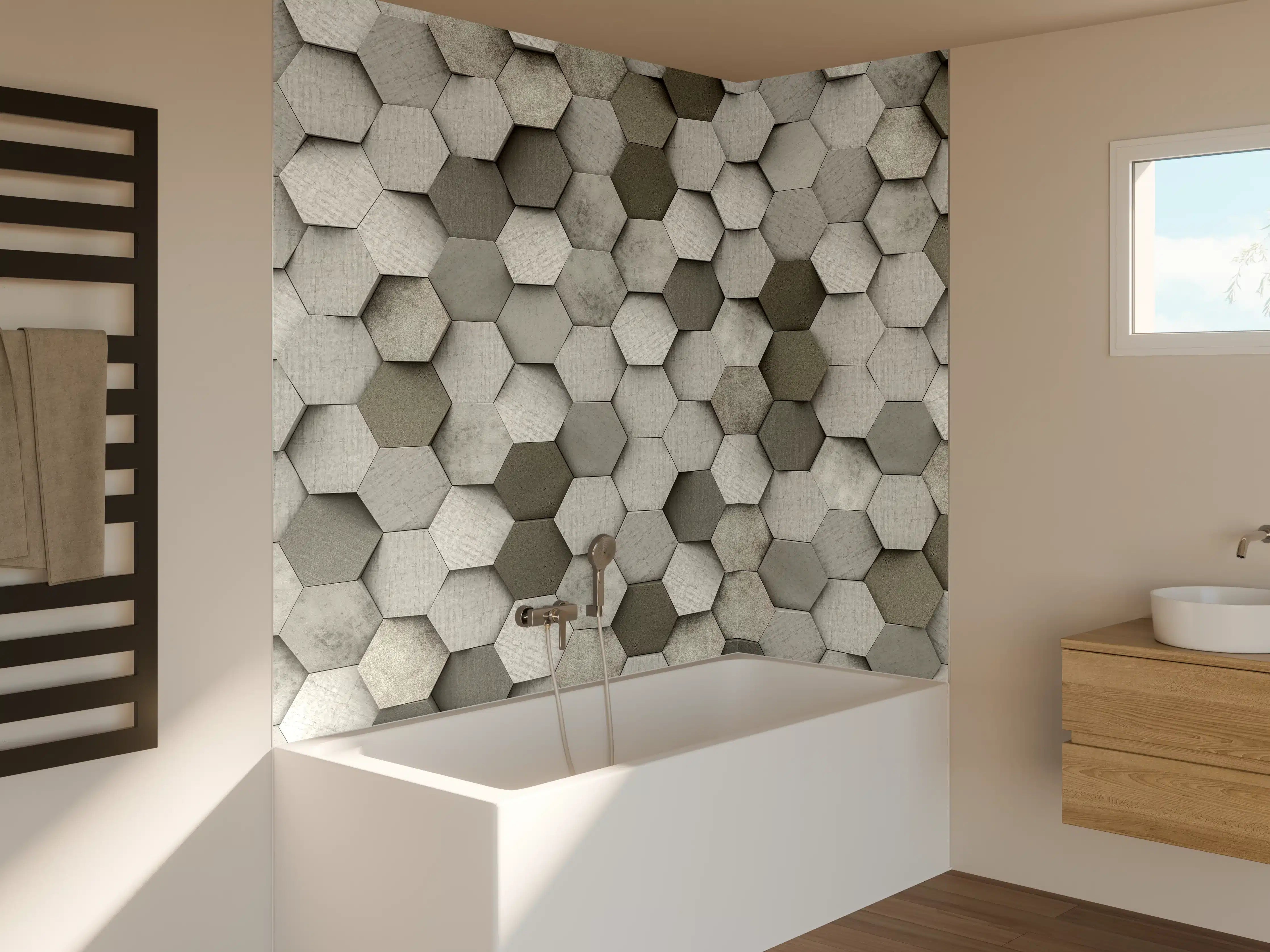 Badewannen-Rückwand - Weiß-Graue Hexagon Struktur