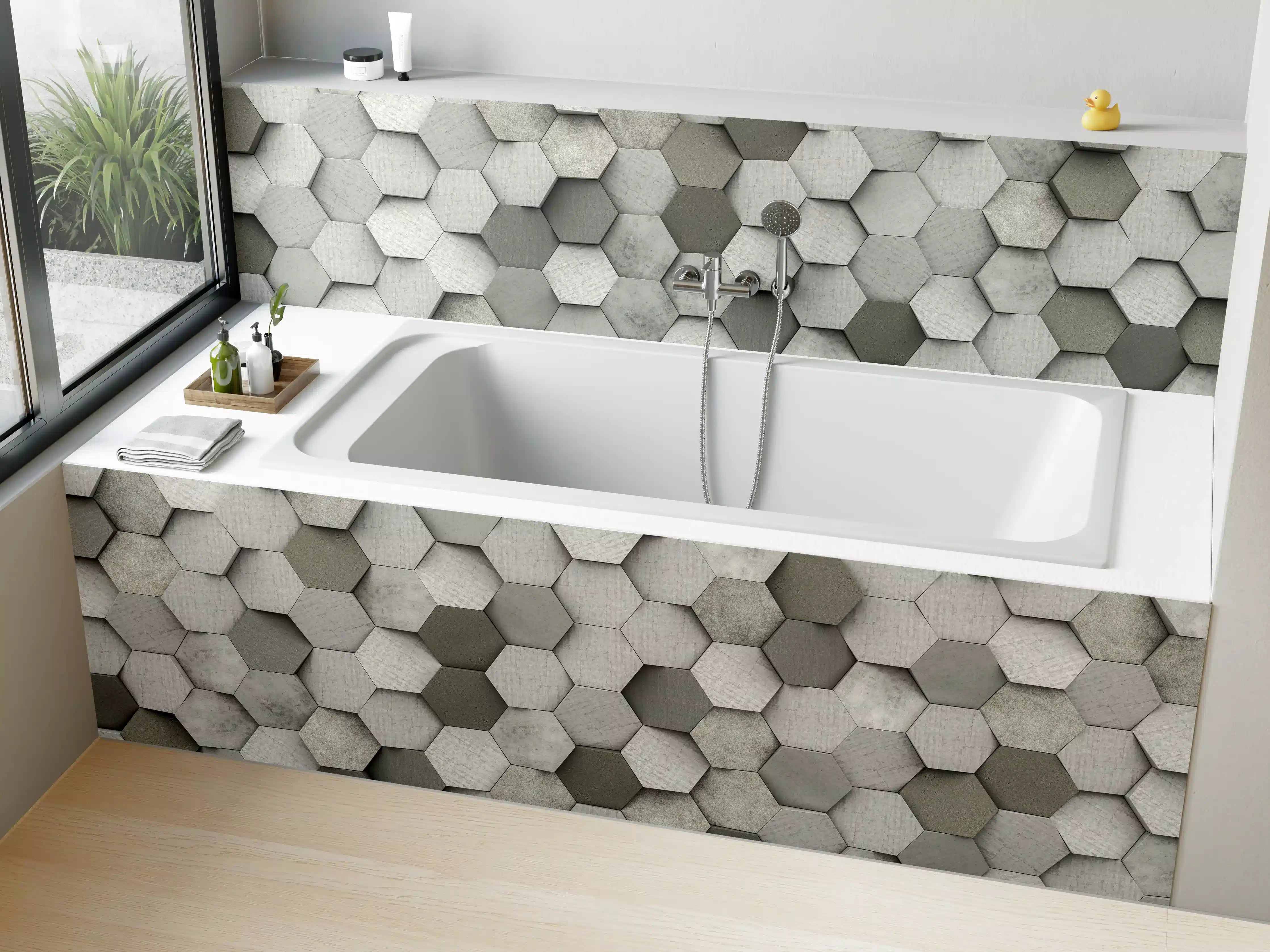 Badewannen-Rückwand - Weiß-Graue Hexagon Struktur