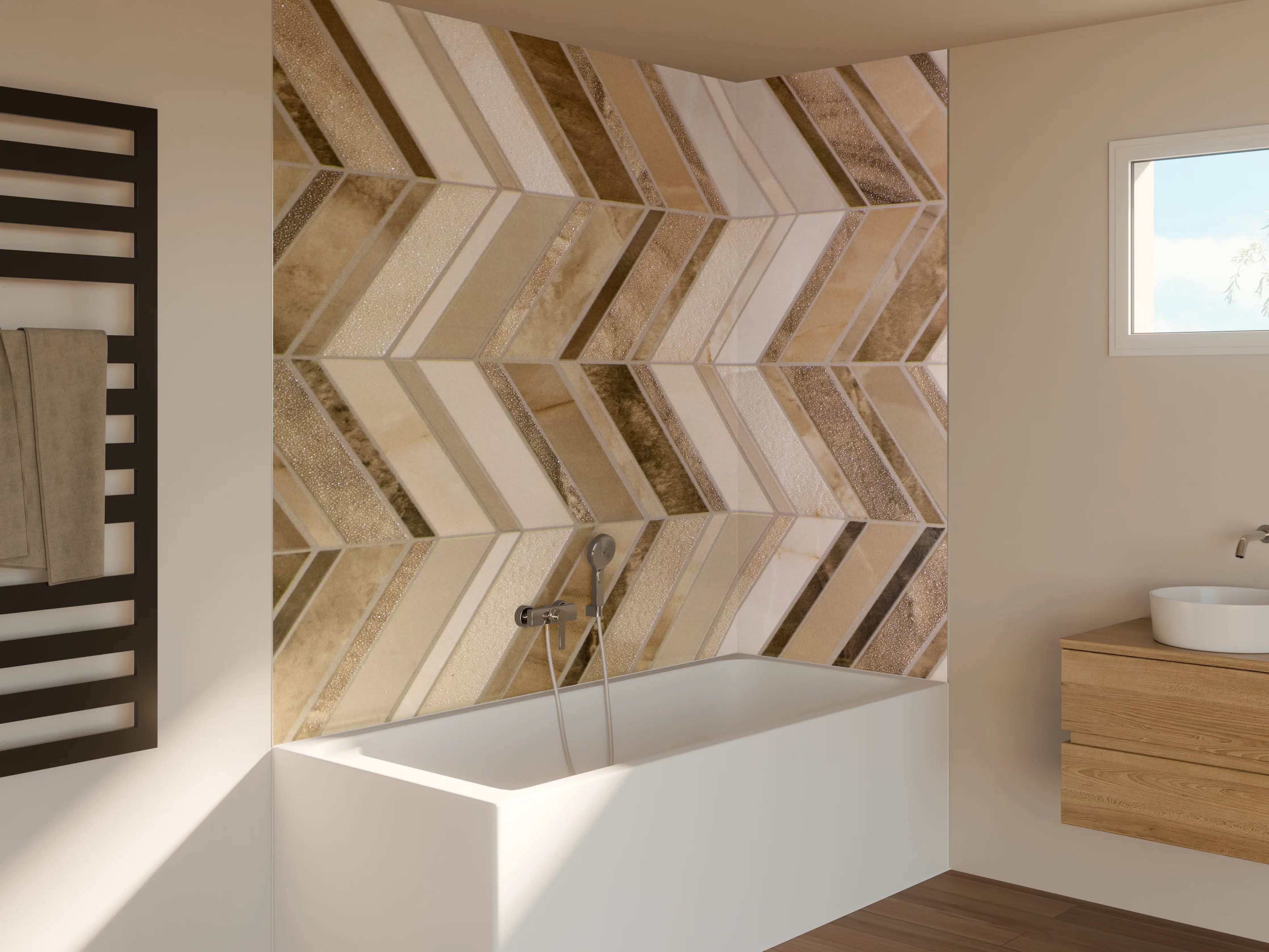 Badewannen-Rückwand - Weiß-Graue Musterfliesen