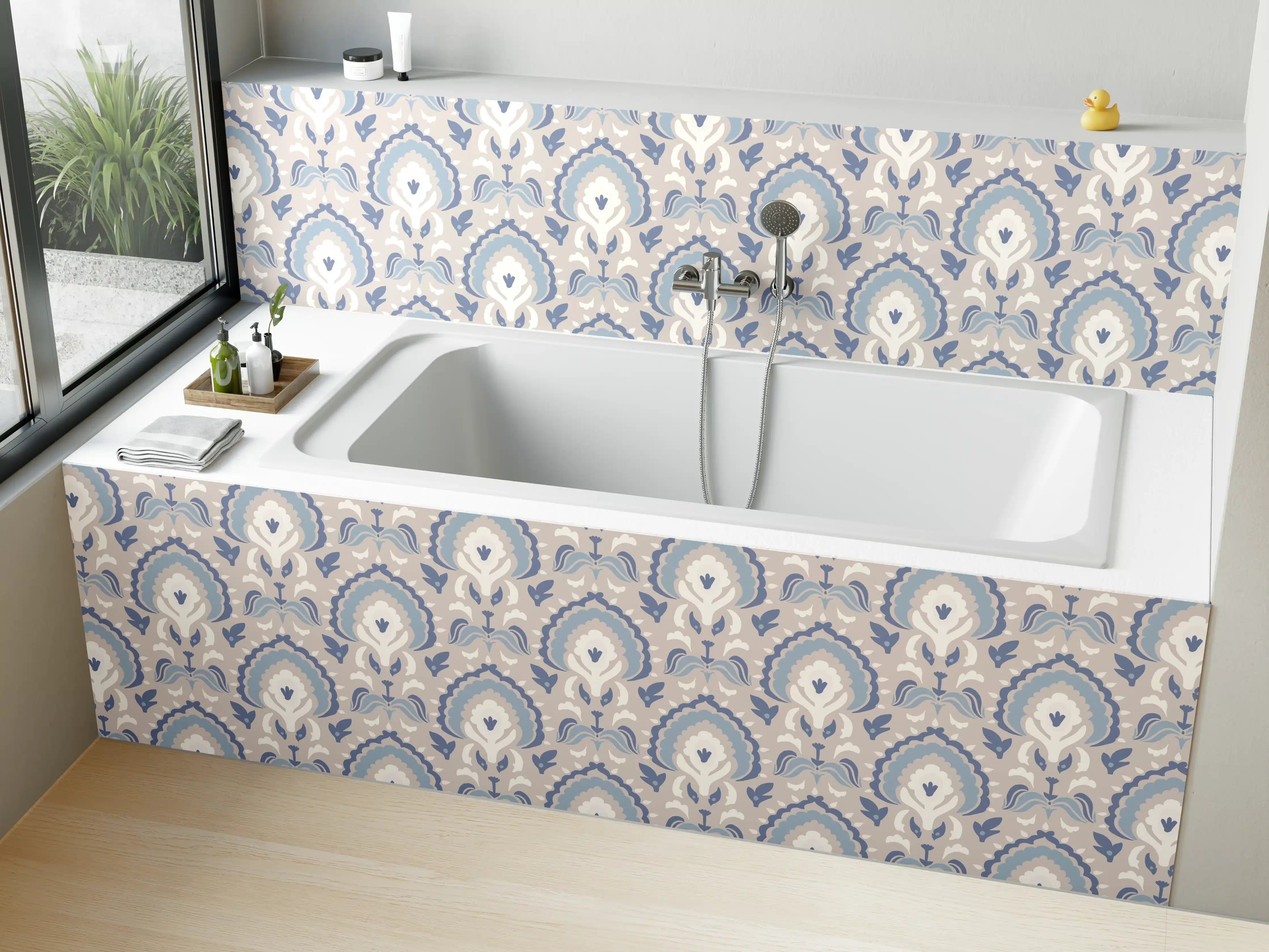 Badewannen-Rückwand - Weiß-Graues Damastmuster Seamless