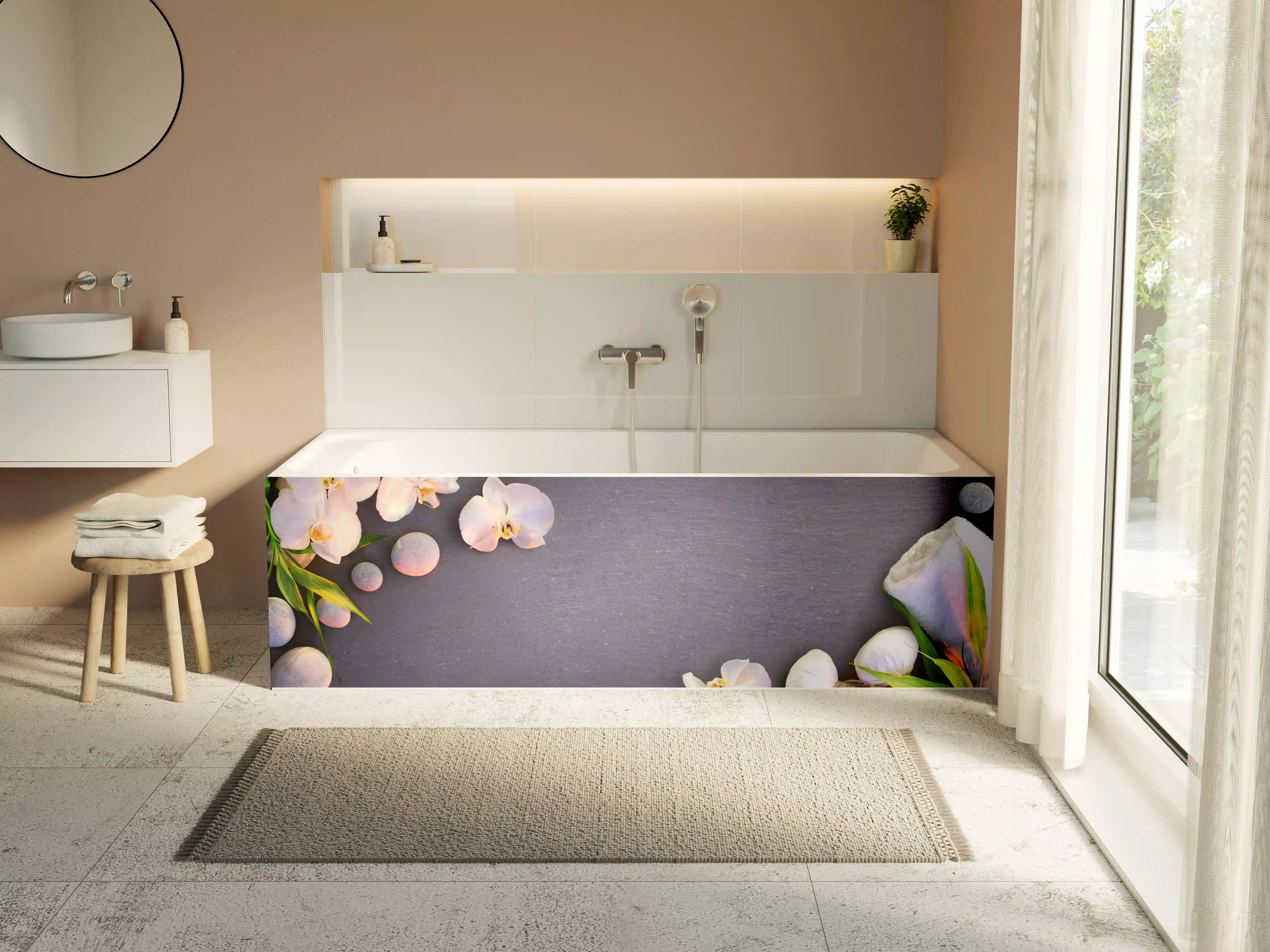 Badewannen-Rückwand - Weiß-Rosa Orchideen auf Schiefer