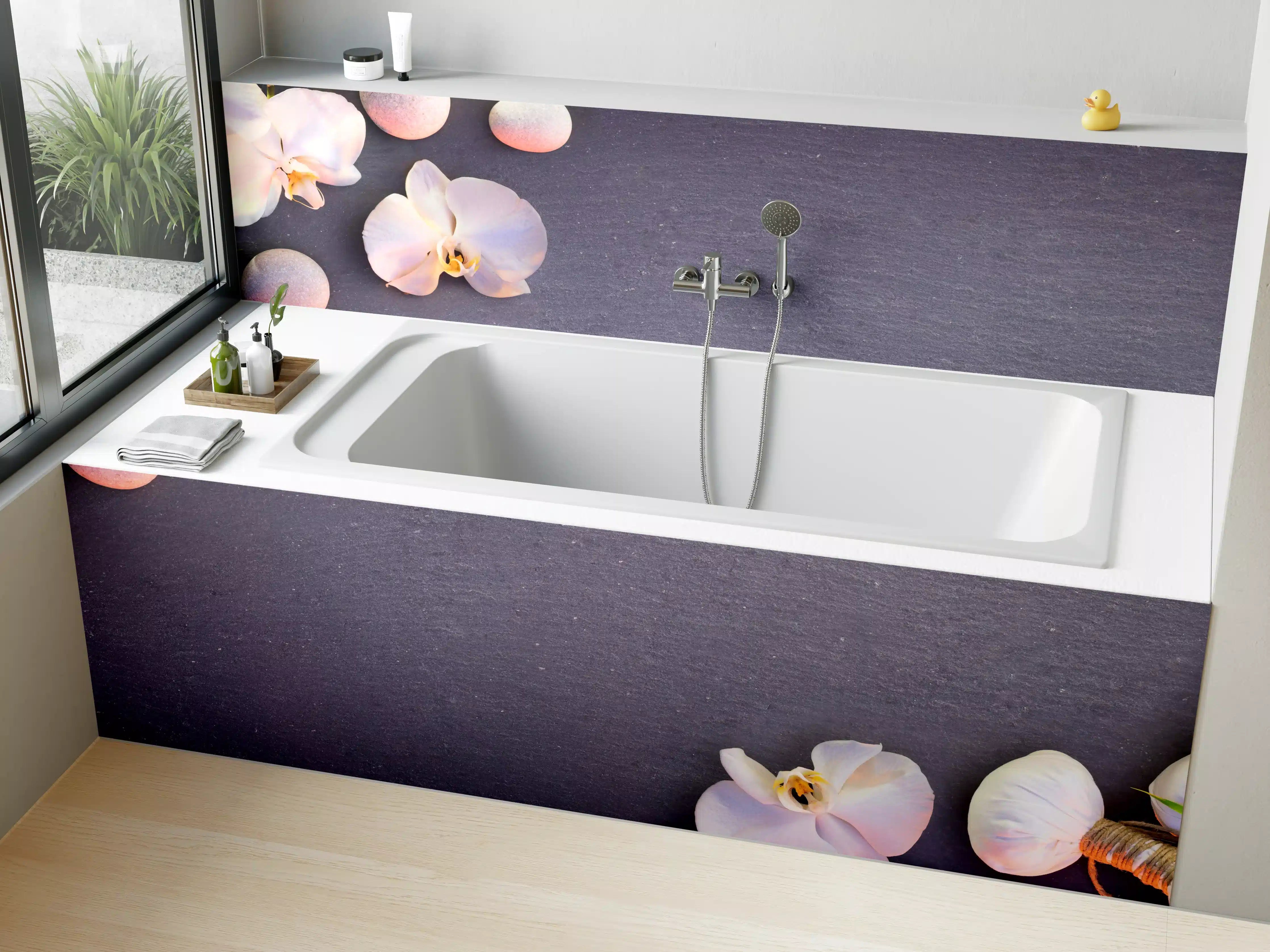 Badewannen-Rückwand - Weiß-Rosa Orchideen auf Schiefer