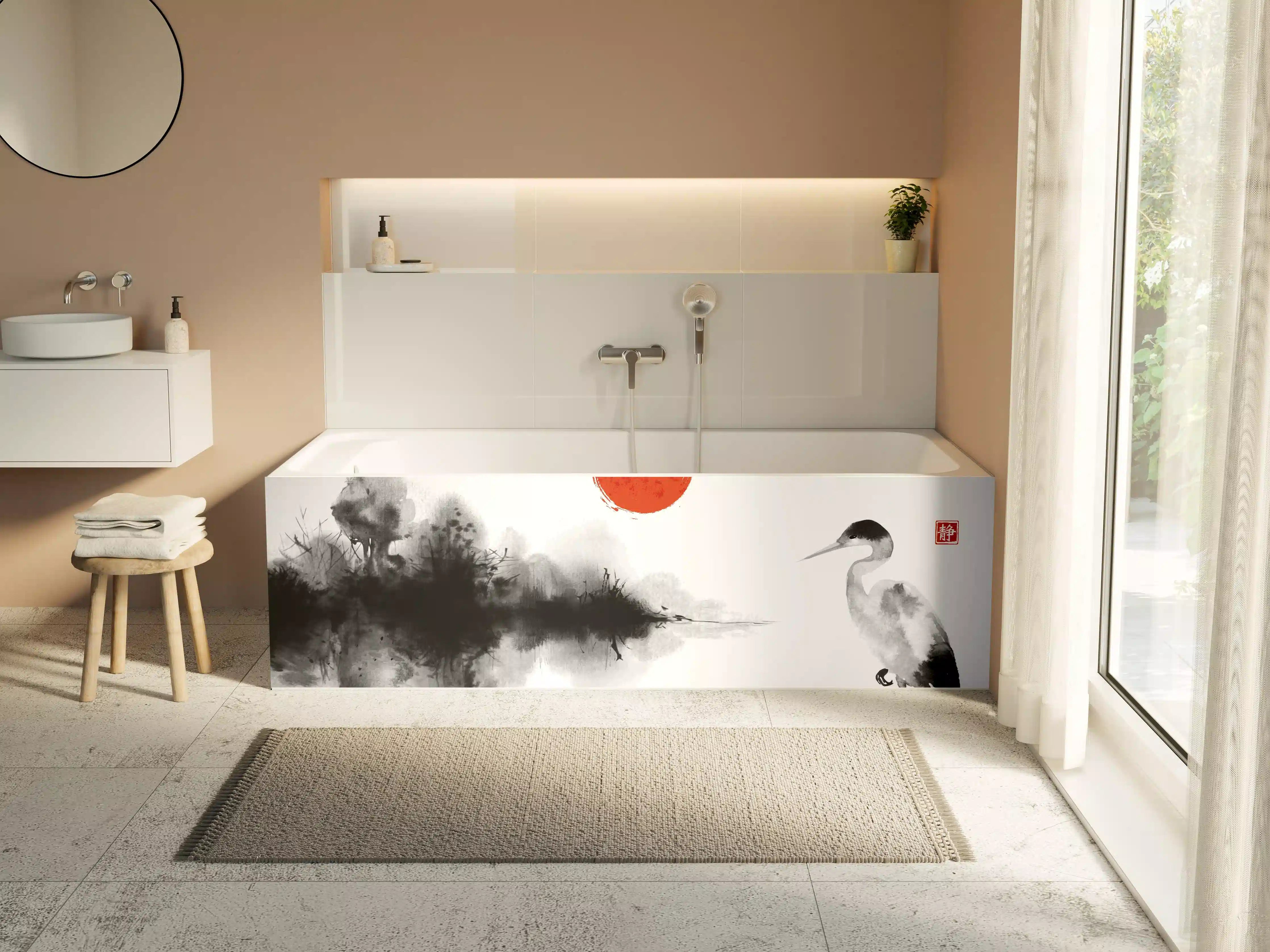 Badewannen-Rückwand - Weiß-Schwarze Kranich Malerei