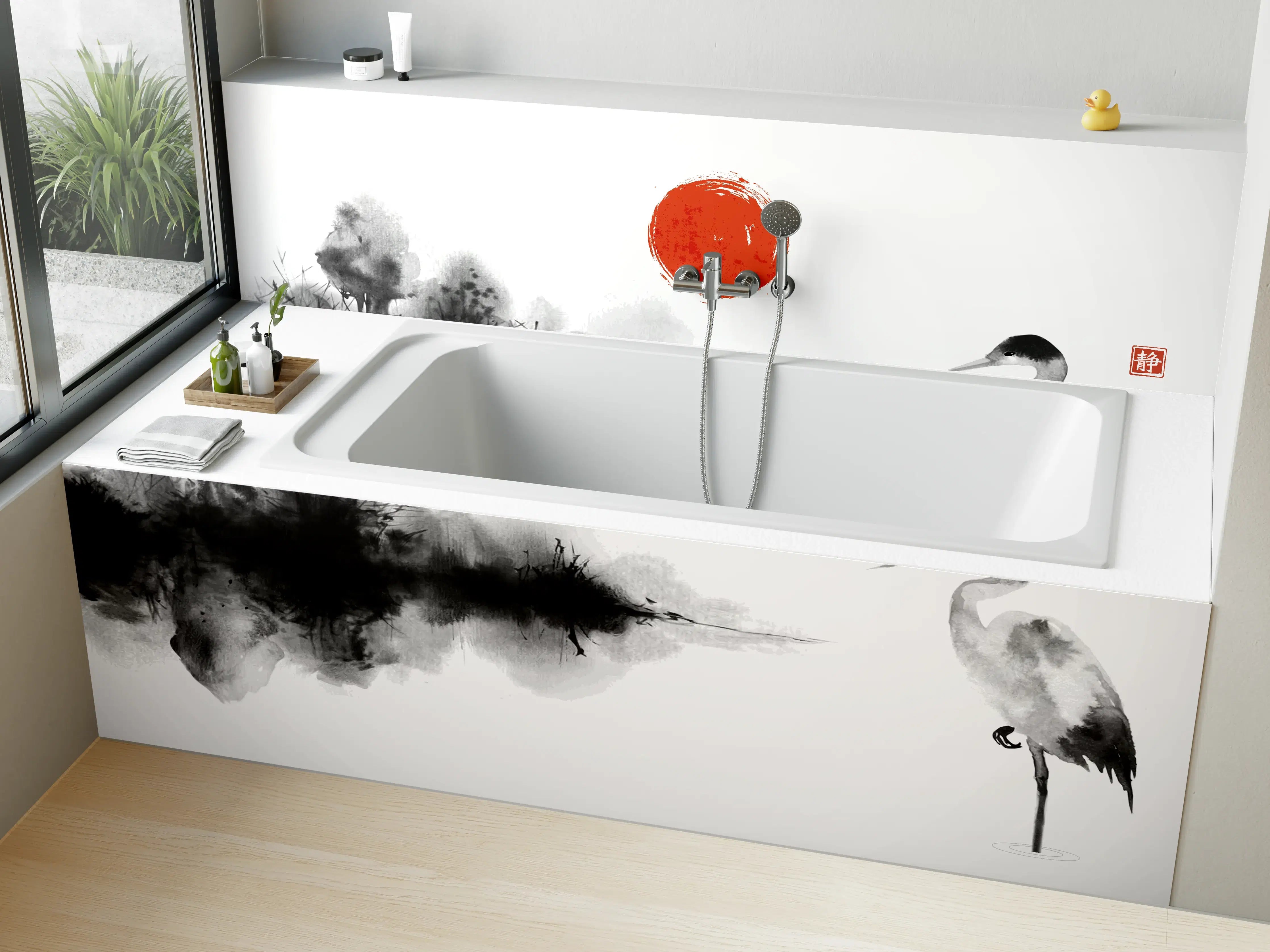 Badewannen-Rückwand - Weiß-Schwarze Kranich Malerei
