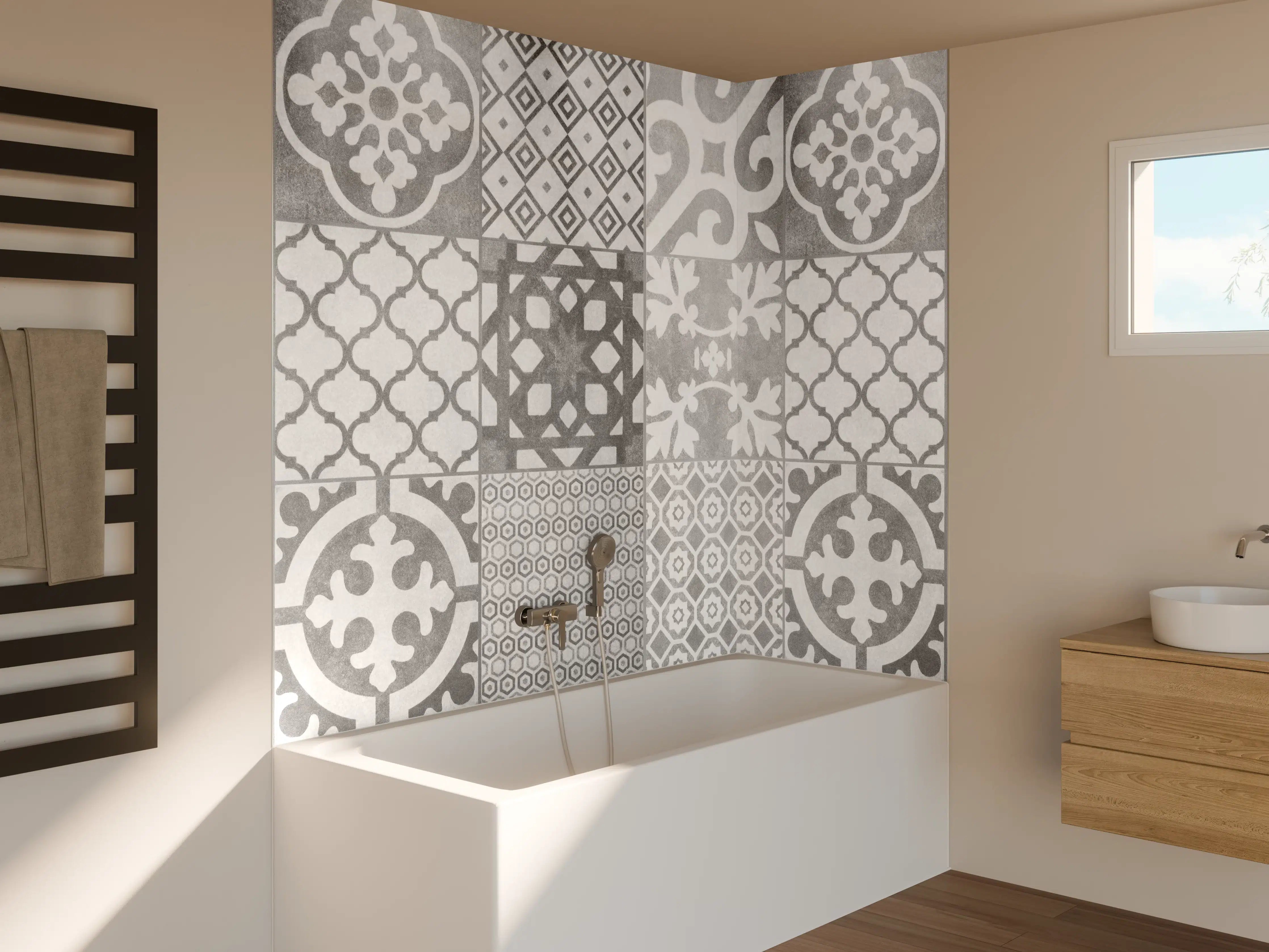 Badewannen-Rückwand - Weiß graue vintage Fliesen