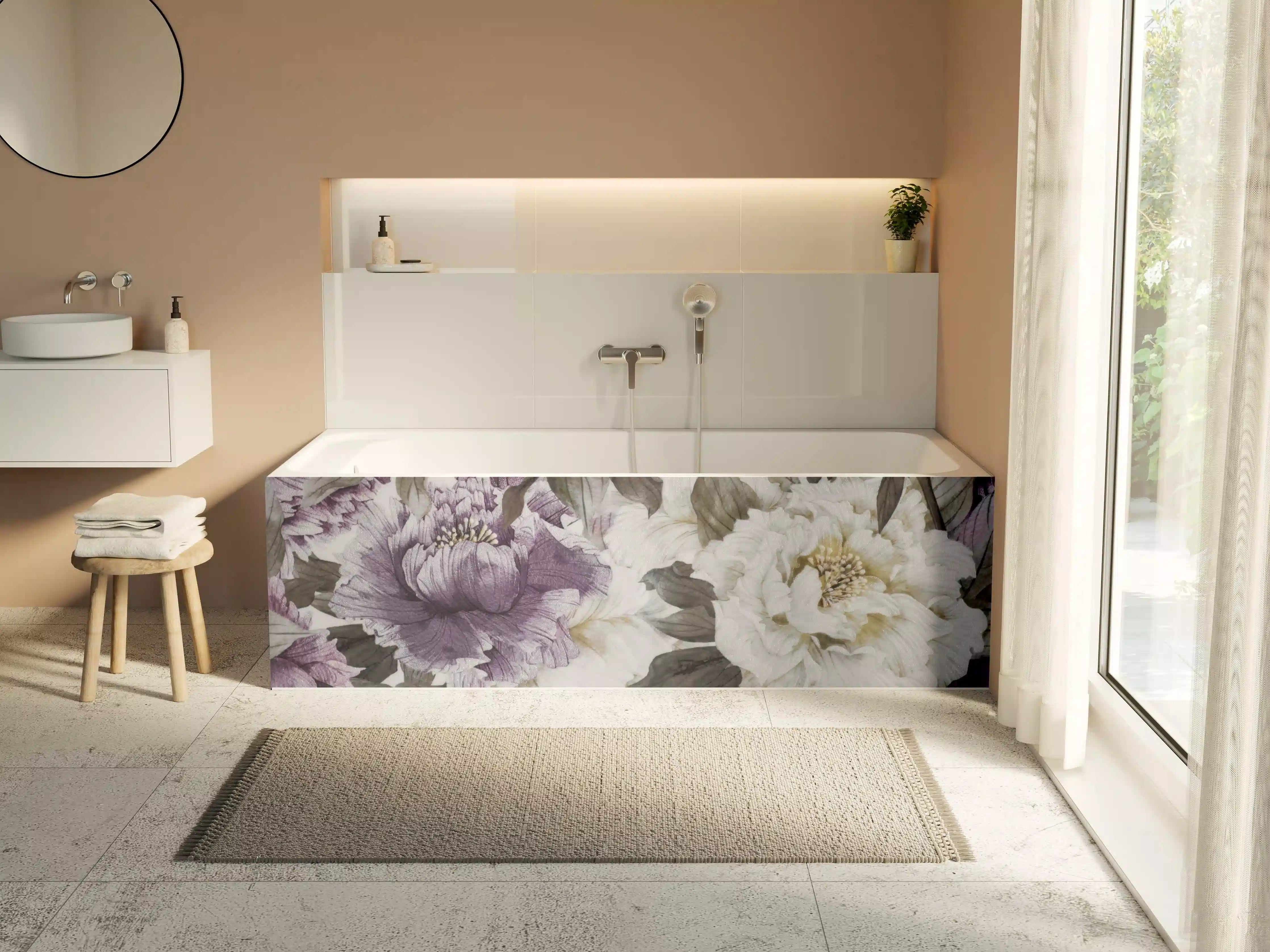 Badewannen-Rückwand - Weiß-lila Blumenmuster mit Grautönen
