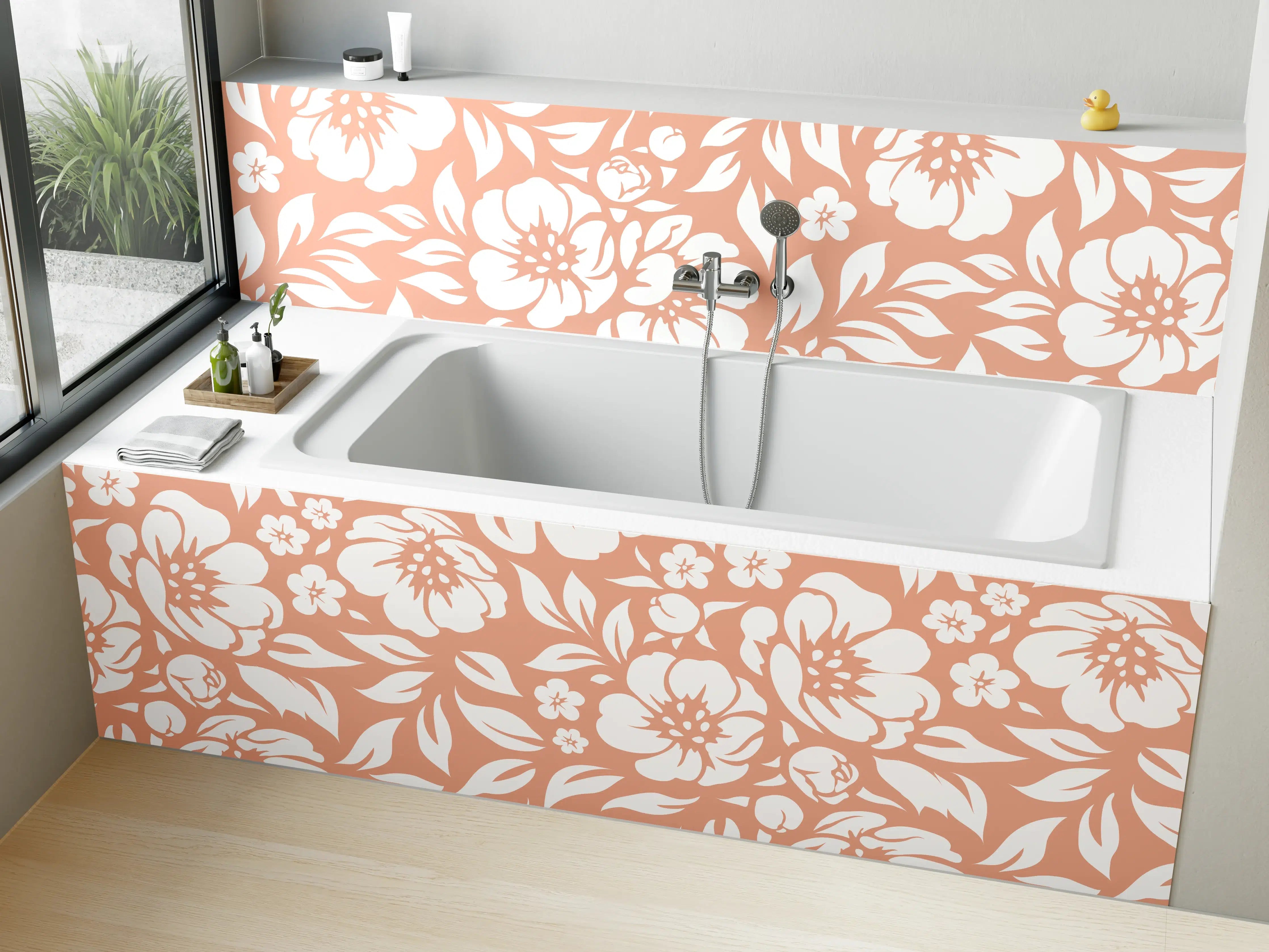 Badewannen-Rückwand - Weiß-rosa florales Muster mit detaillierter Blüten- und Blätterstruktur