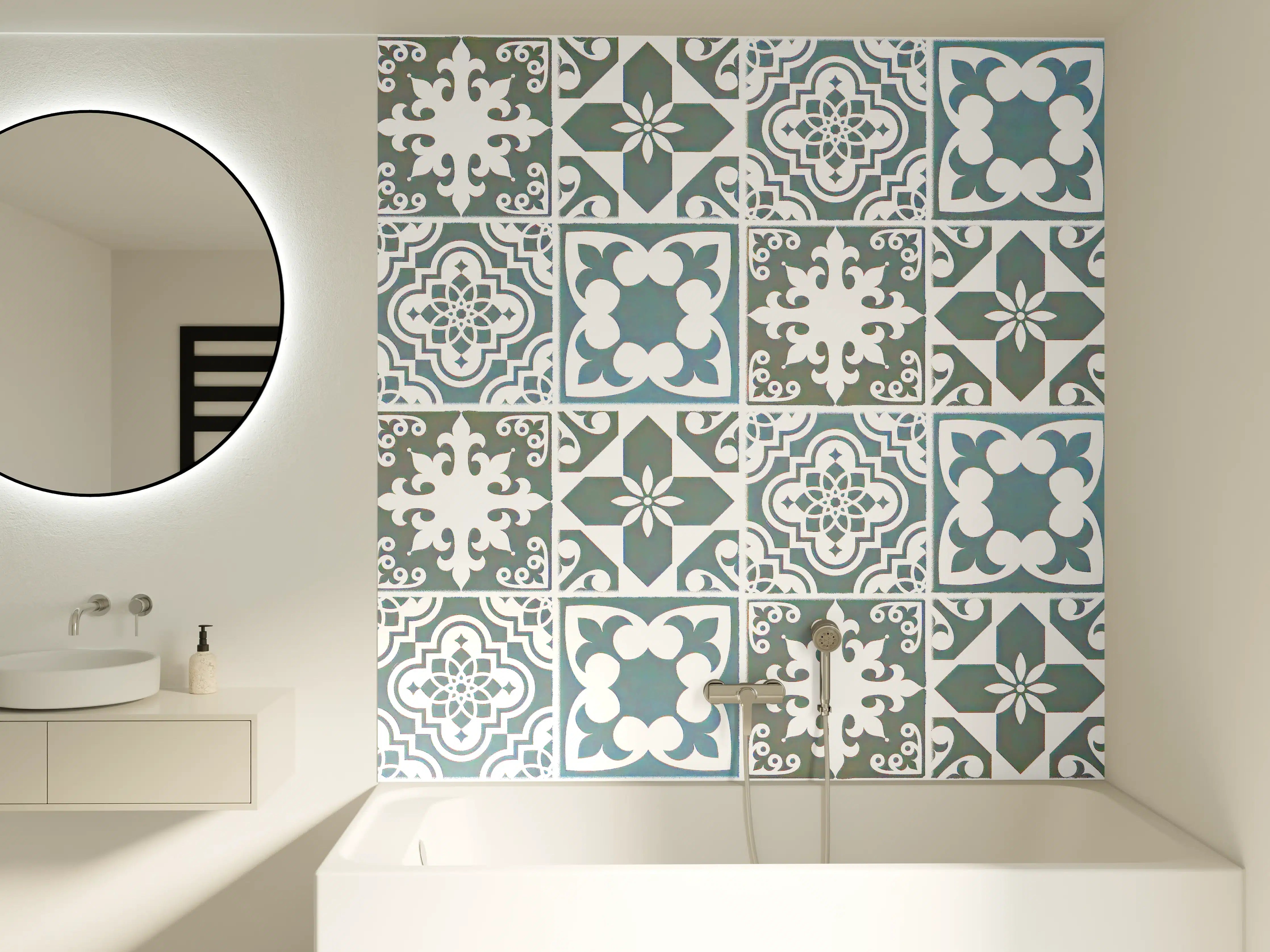 Badewannen-Rückwand - Weiß-türkis Vintage Fliesen