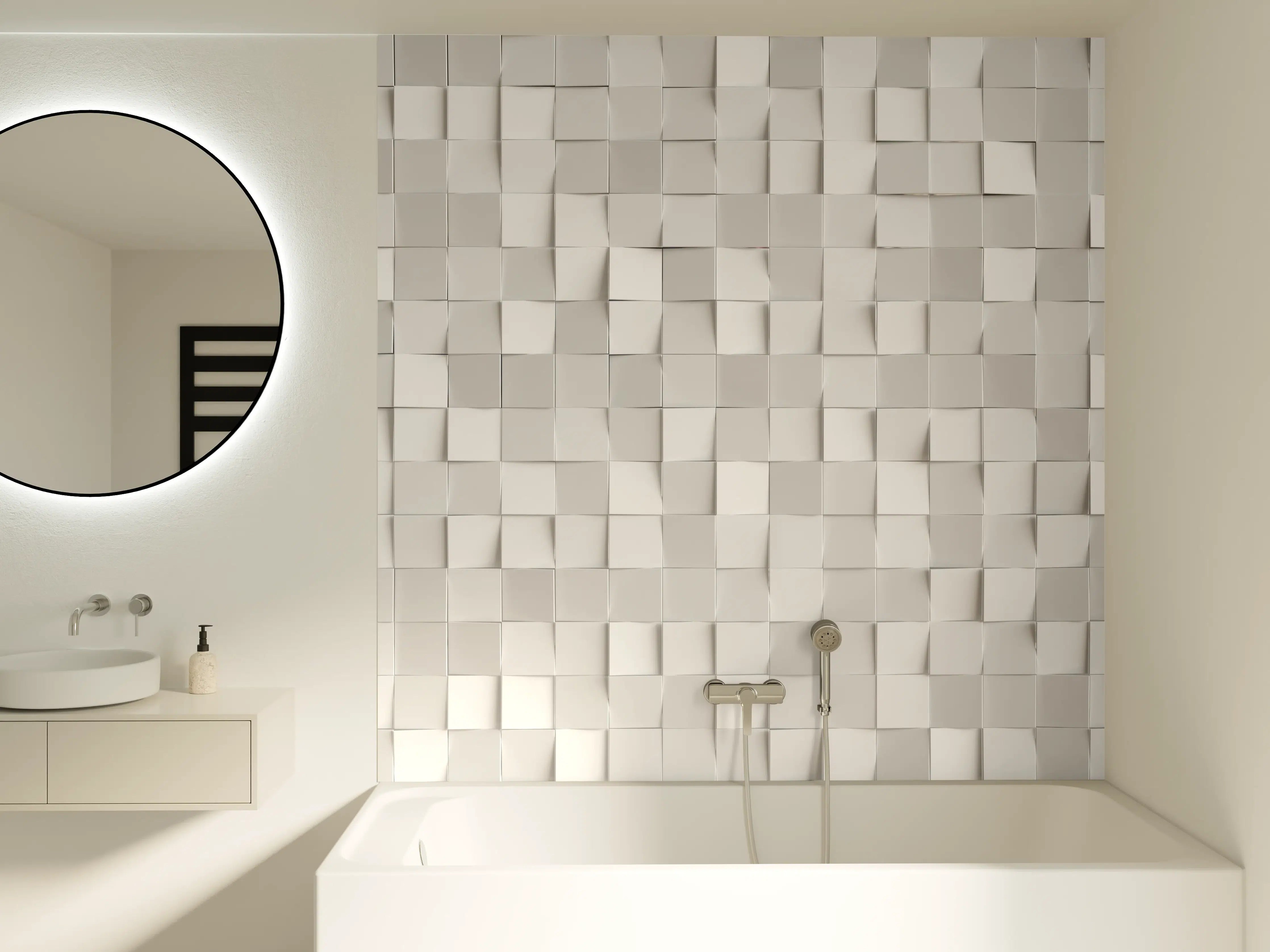 Badewannen-Rückwand - Weiße 3D-Wandfläche mit Quader-Textur