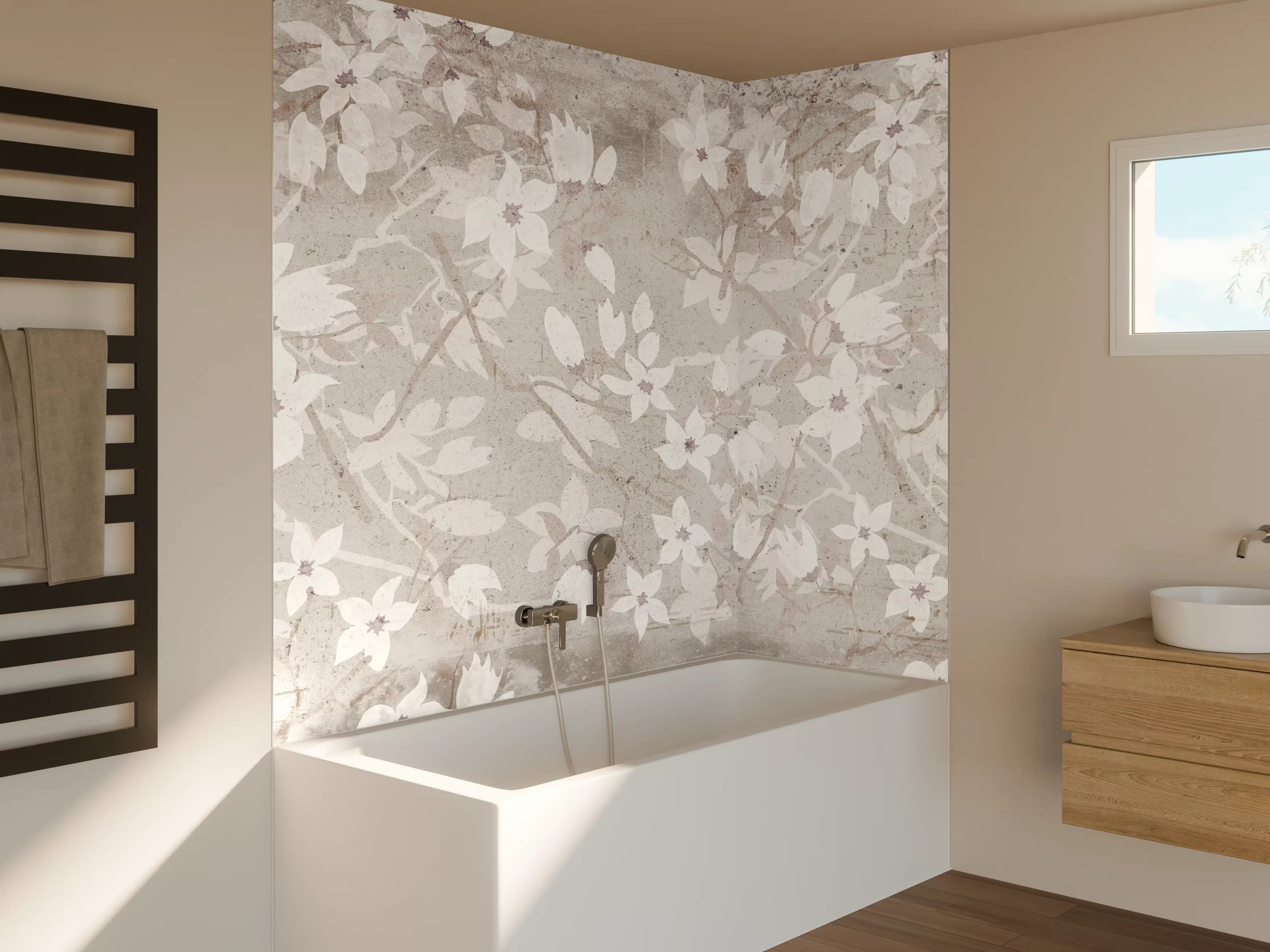 Badewannen-Rückwand - Weiße Blumen auf altem grauem Hintergrund
