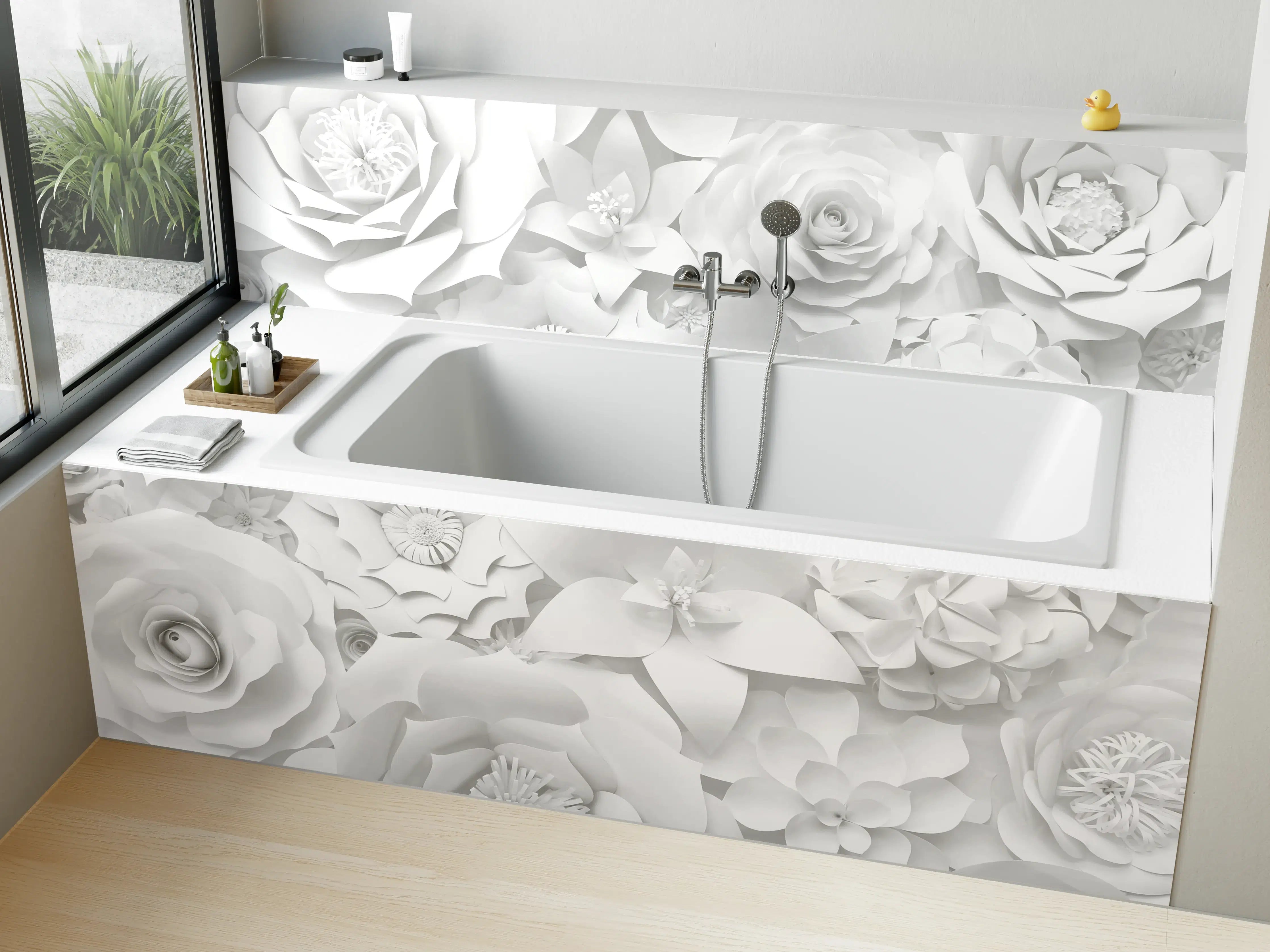 Badewannen-Rückwand - Weiße Blumendeko mit zarter Struktur