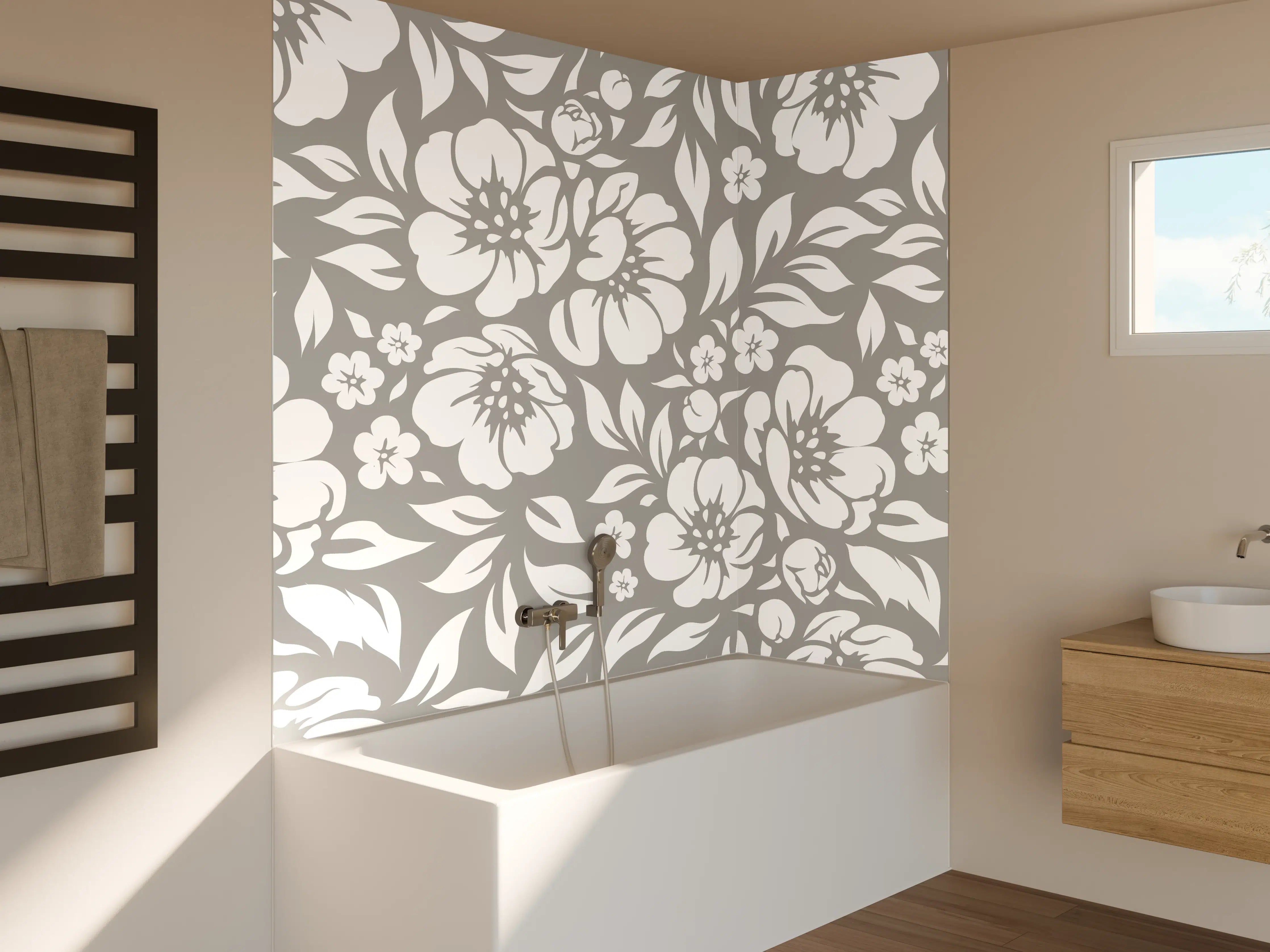 Badewannen-Rückwand - Weiße Blumenmuster auf grauem Hintergrund