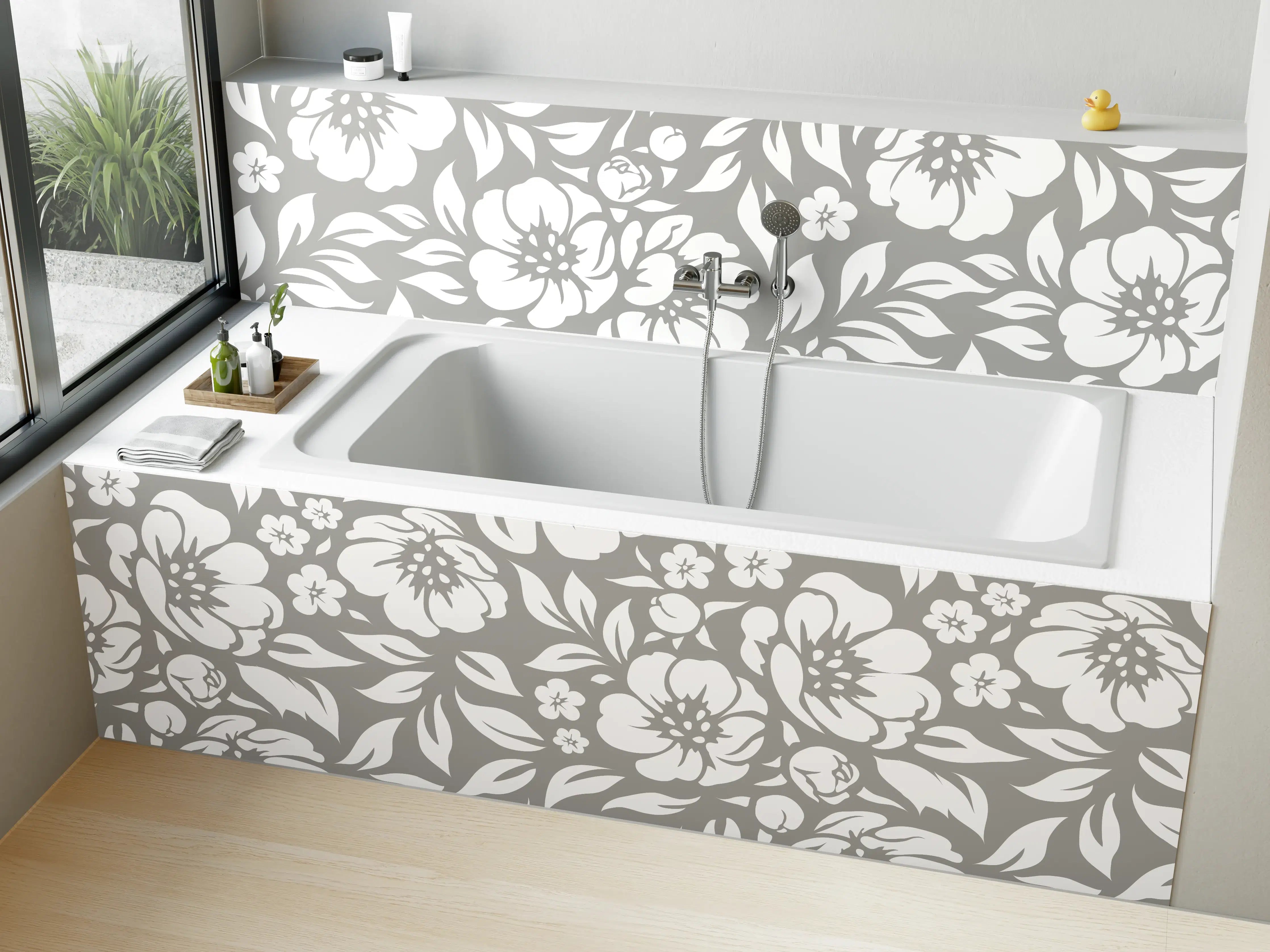 Badewannen-Rückwand - Weiße Blumenmuster auf grauem Hintergrund
