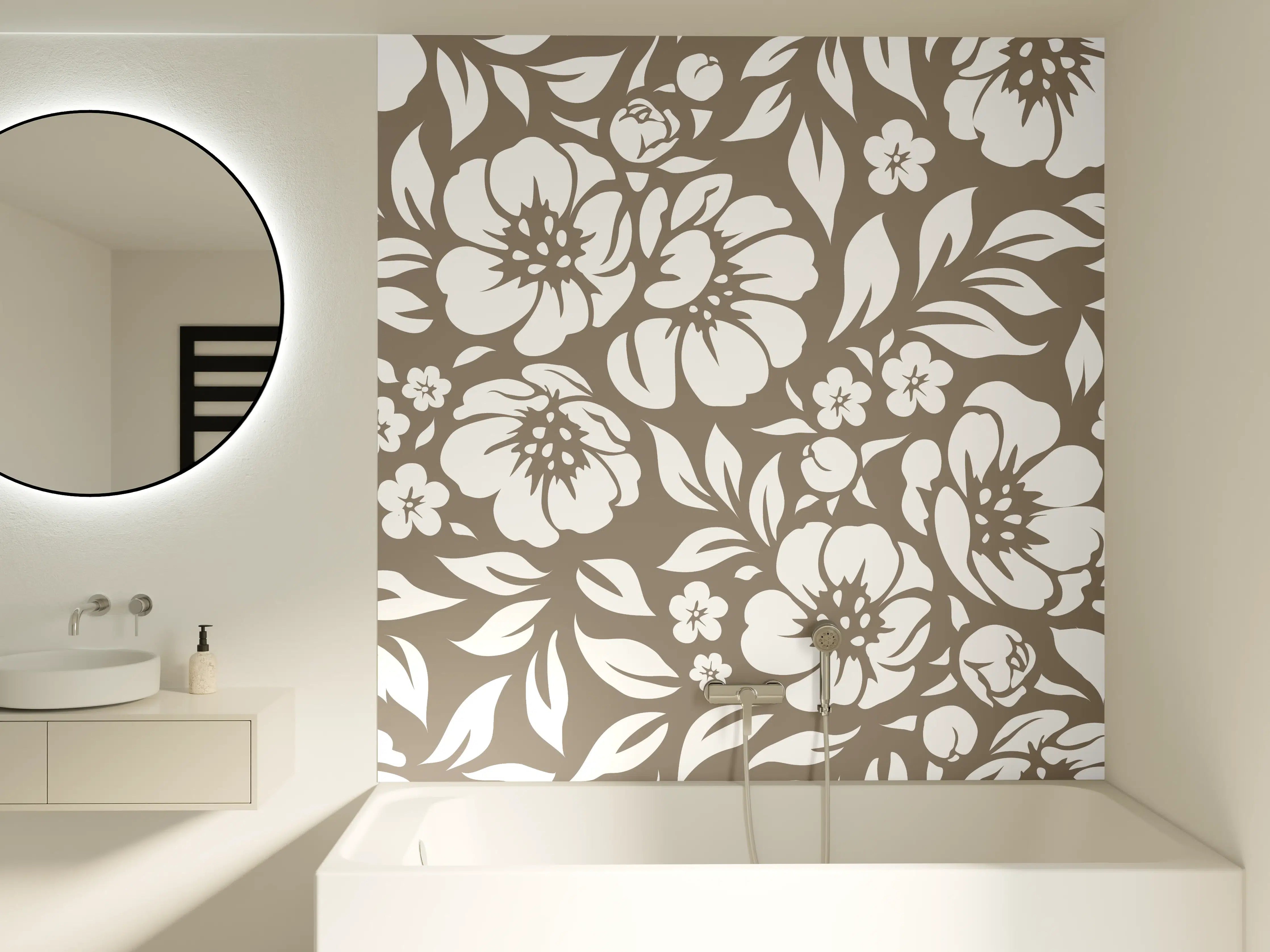Badewannen-Rückwand - Weiße Blumenmuster mit Braunakzenten