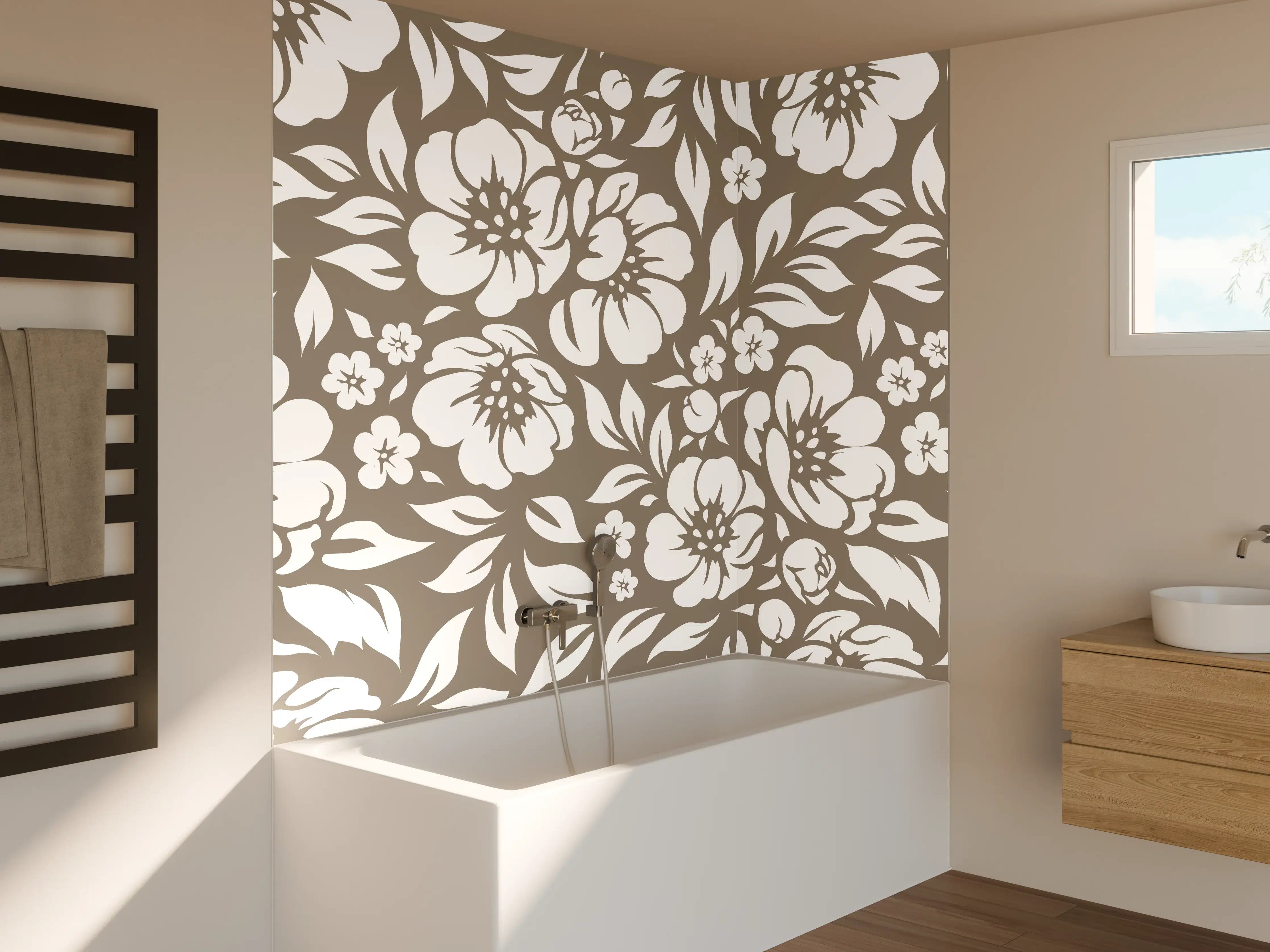 Badewannen-Rückwand - Weiße Blumenmuster mit Braunakzenten