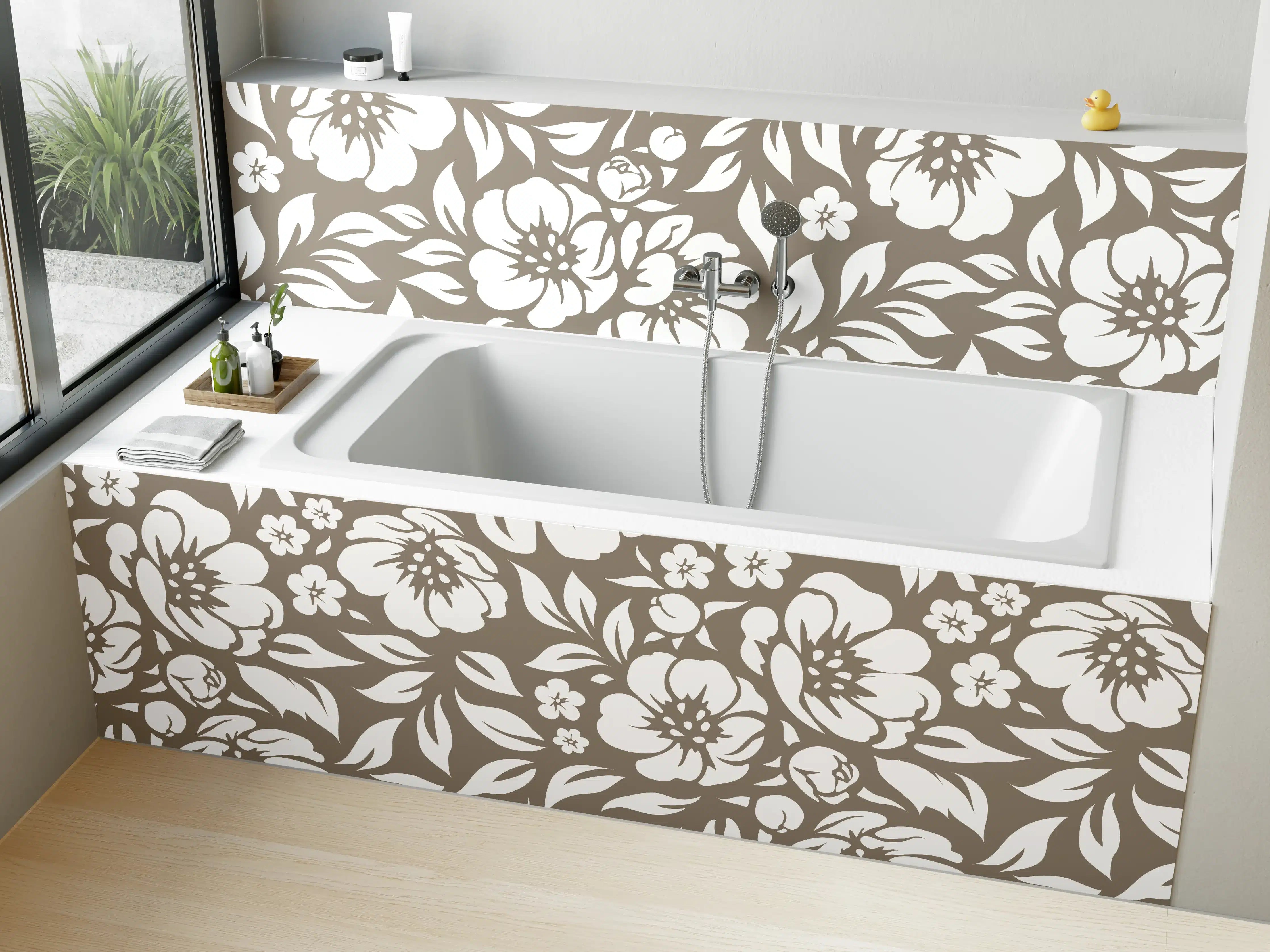 Badewannen-Rückwand - Weiße Blumenmuster mit Braunakzenten