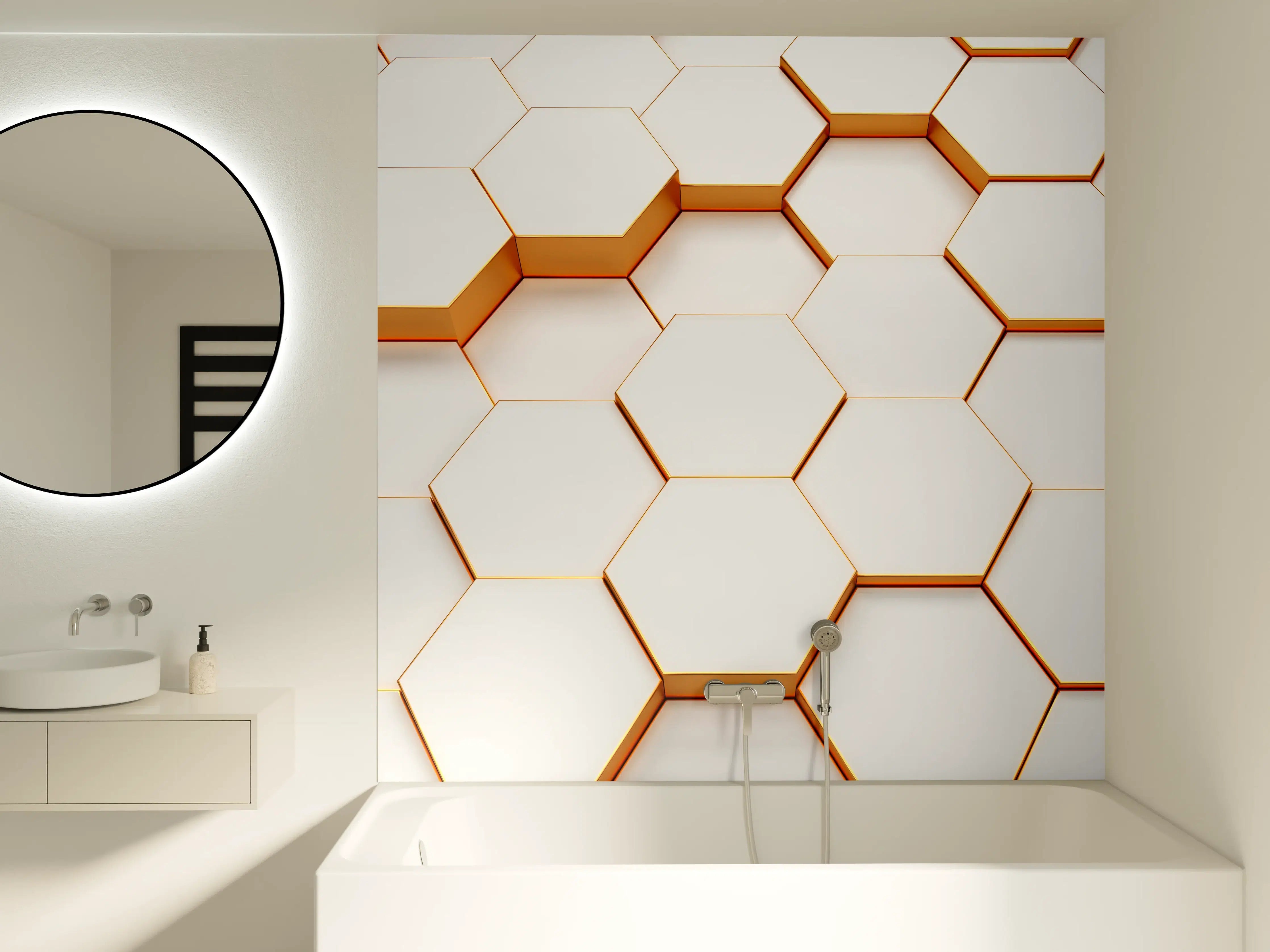 Badewannen-Rückwand - Weiße Hexagon-Wand mit Goldrand