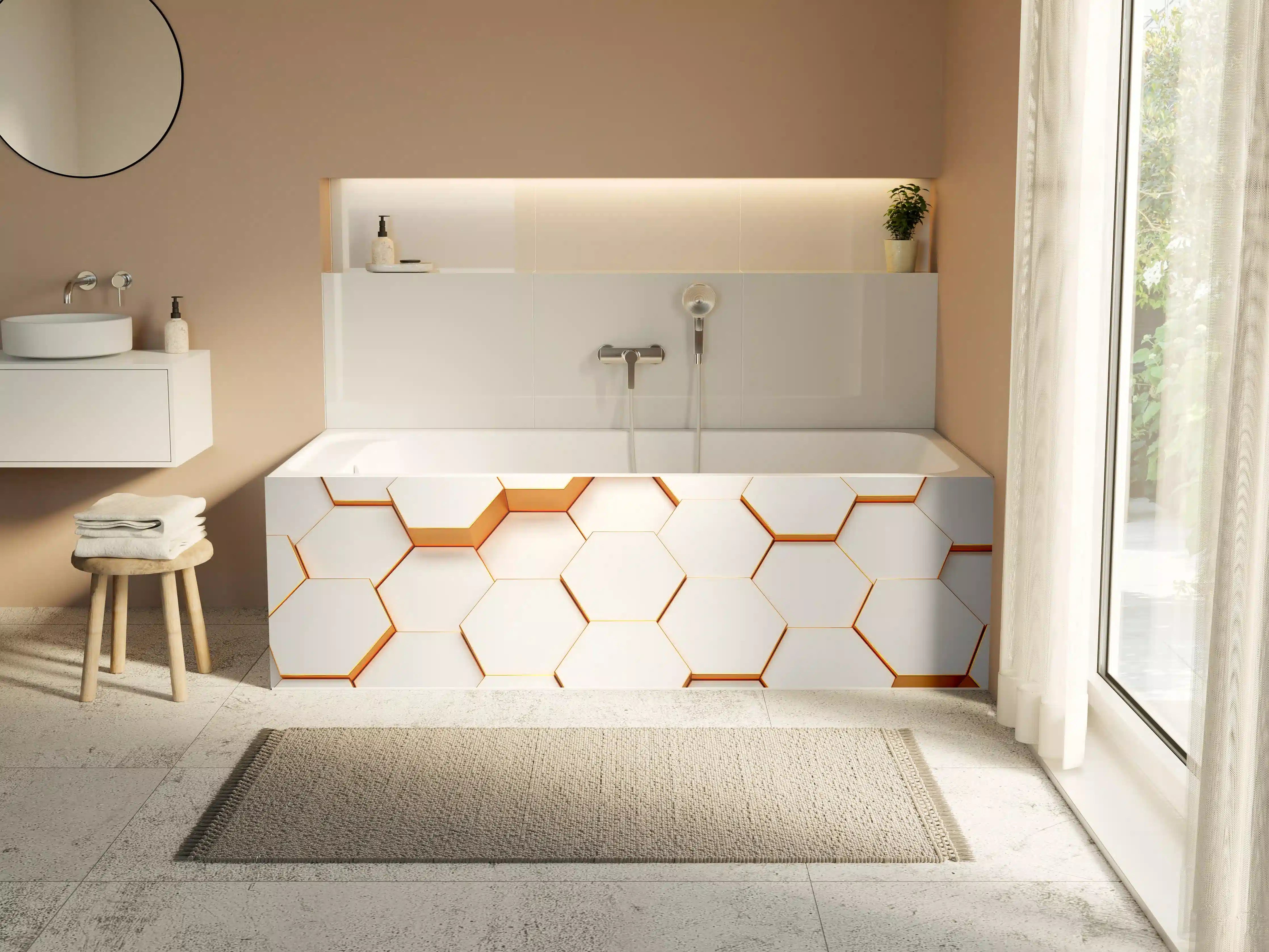 Badewannen-Rückwand - Weiße Hexagon-Wand mit Goldrand