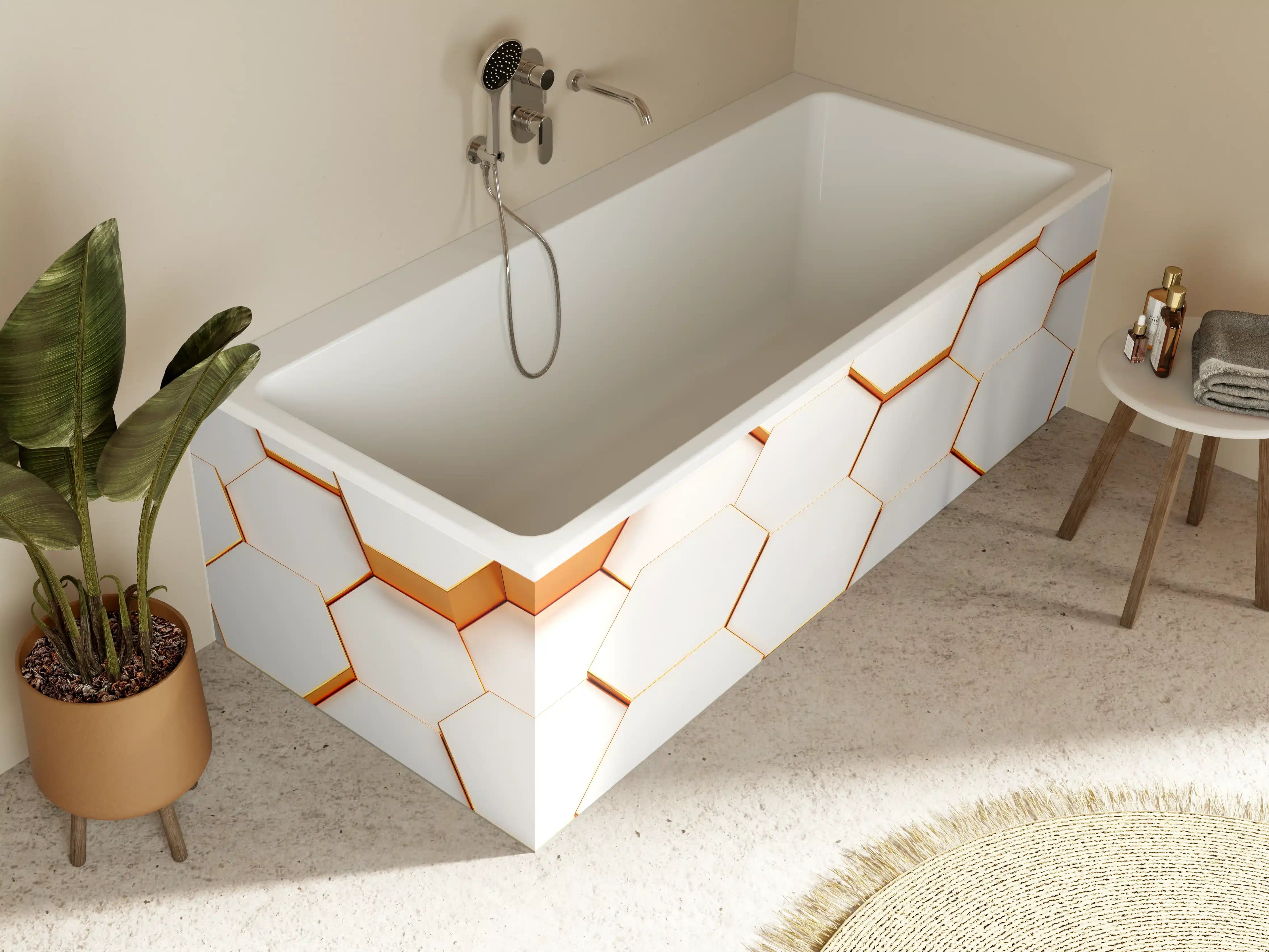 Badewannen-Rückwand - Weiße Hexagon-Wand mit Goldrand