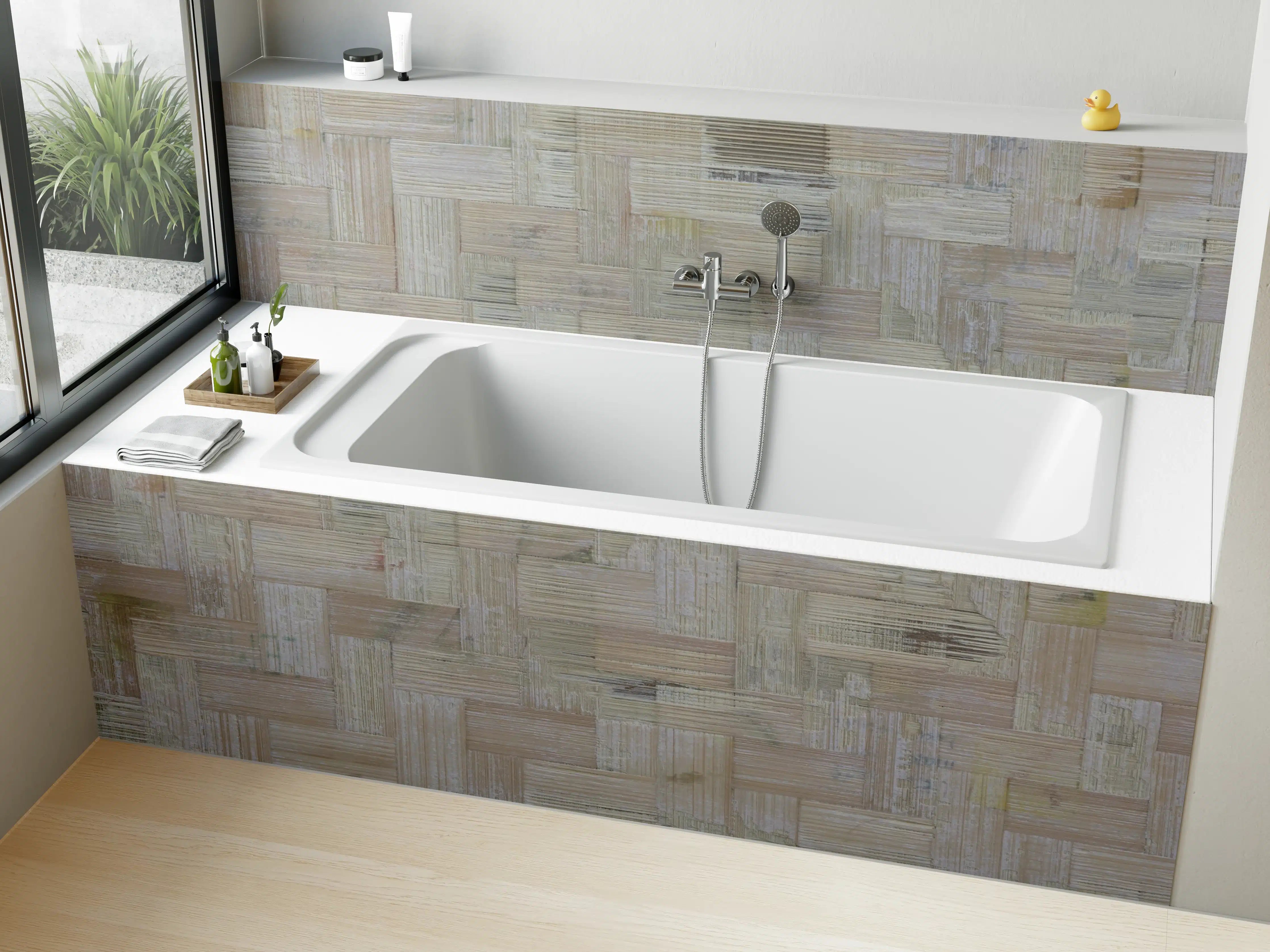 Badewannen-Rückwand - Weiße Holzmaserung mit subtilen Texturen