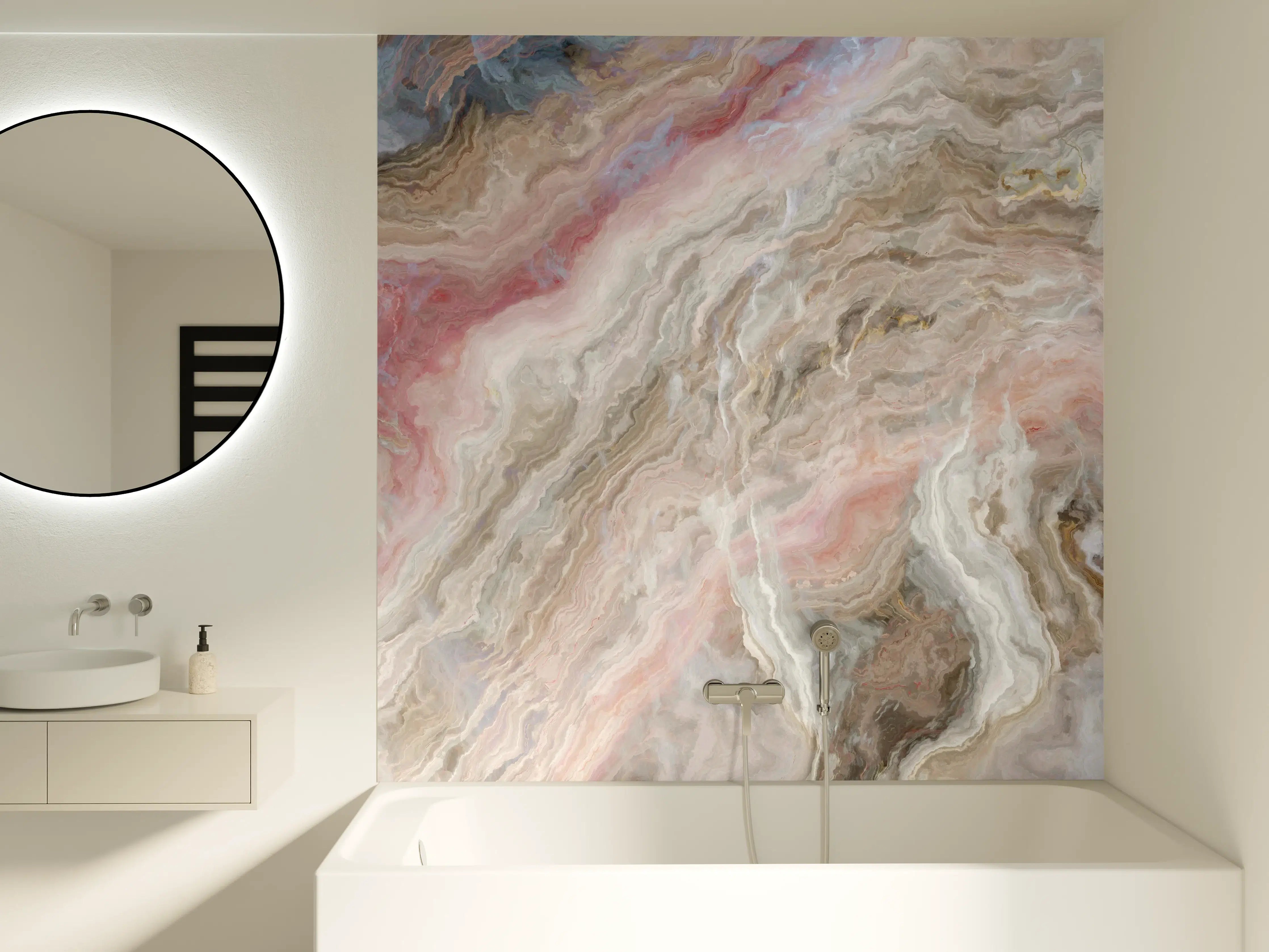Badewannen-Rückwand - Weiße Marmor-Textur mit sanften Roséakzenten