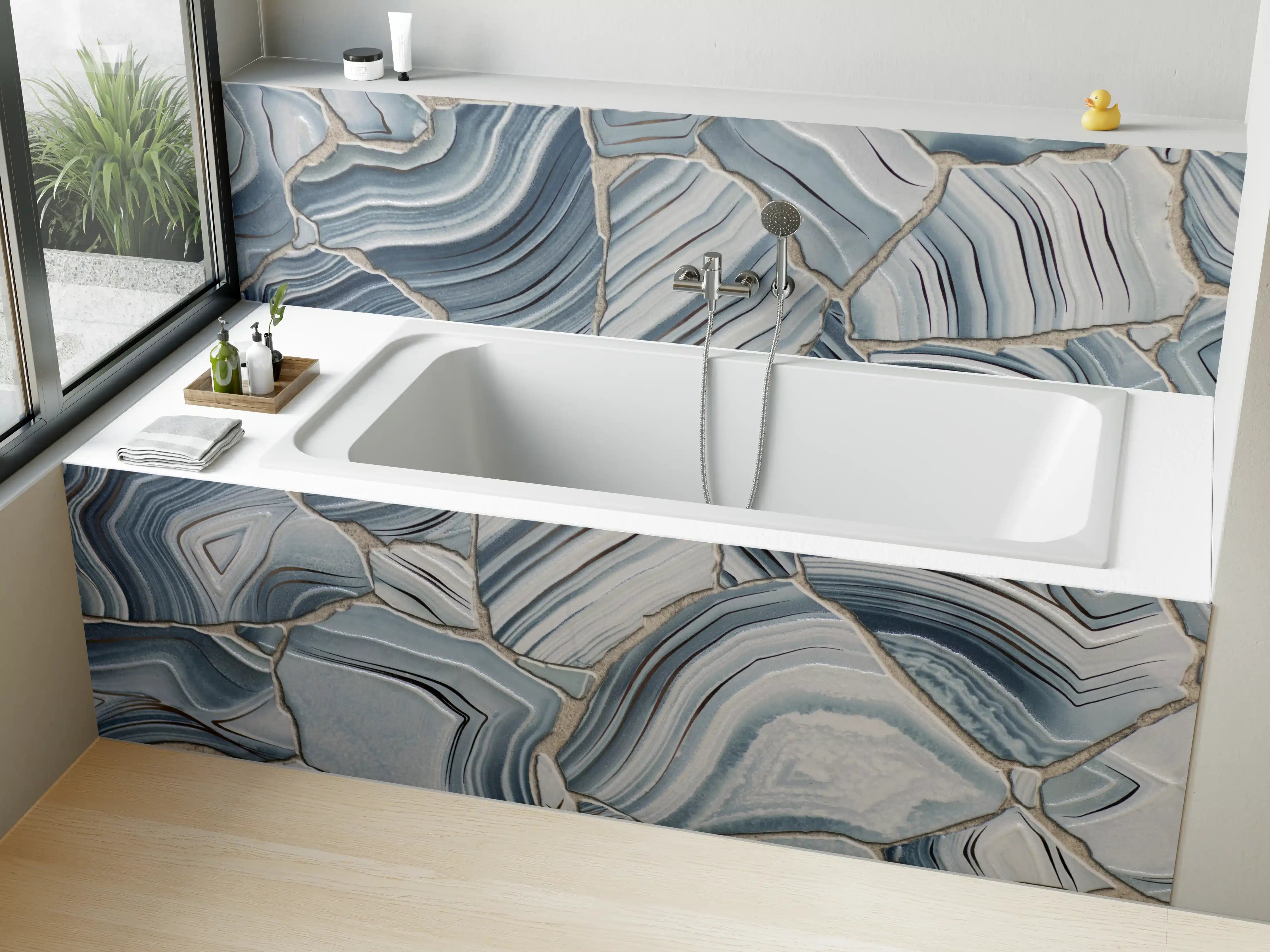 Badewannen-Rückwand - Weiße Marmorstruktur mit Grau-Tönen