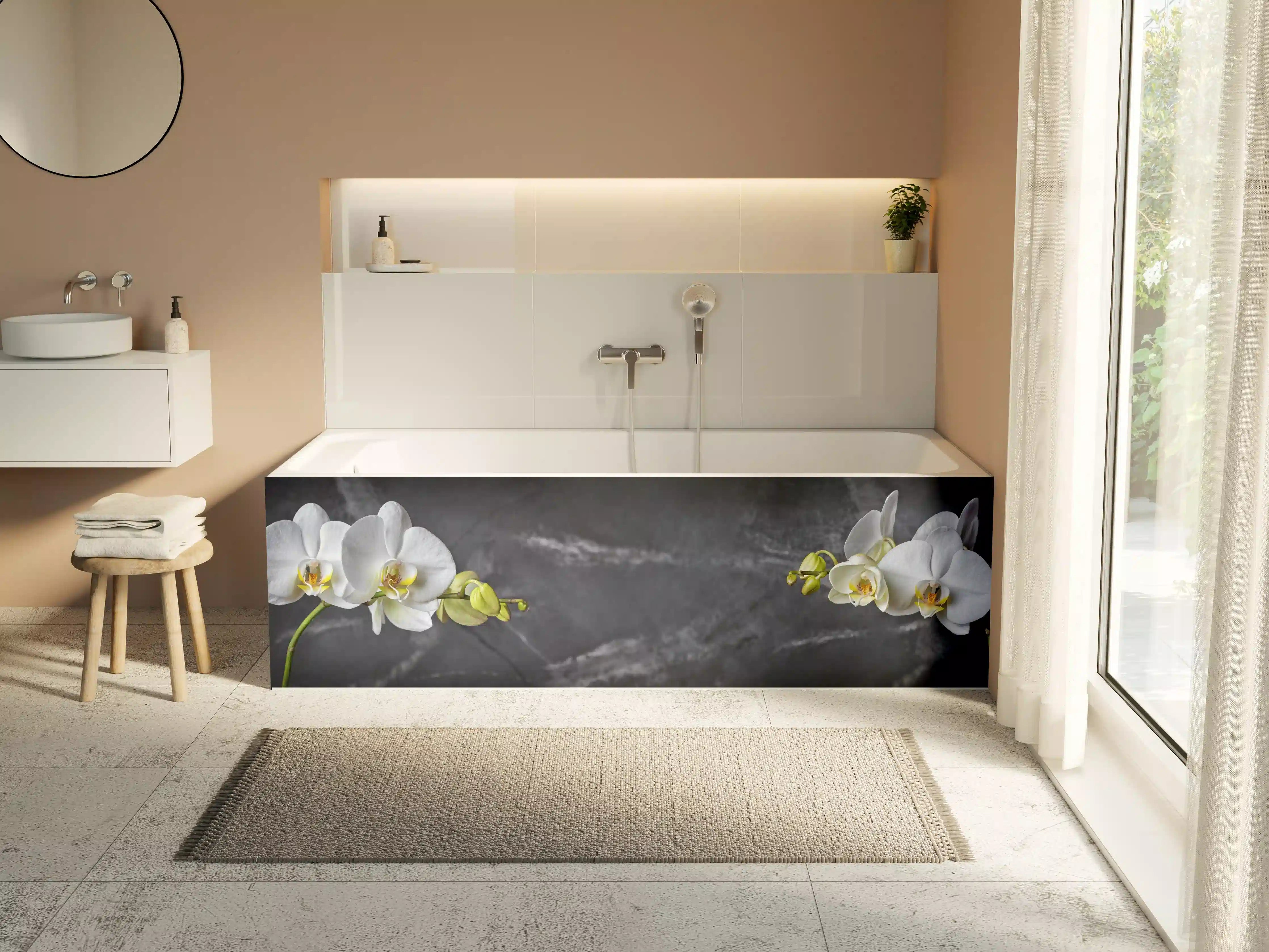 Badewannen-Rückwand - Weiße Orchideen auf Marmor