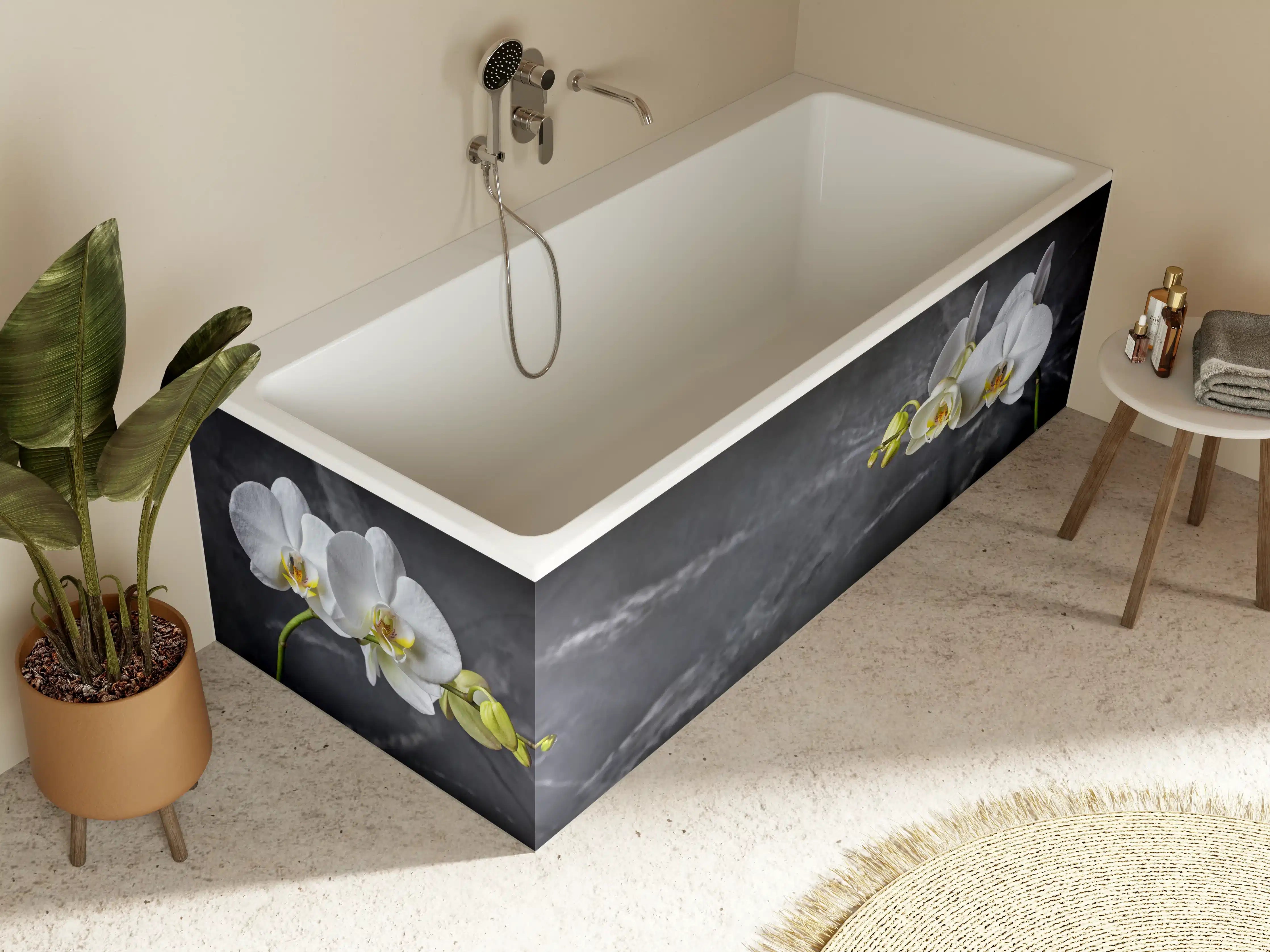 Badewannen-Rückwand - Weiße Orchideen auf Marmor