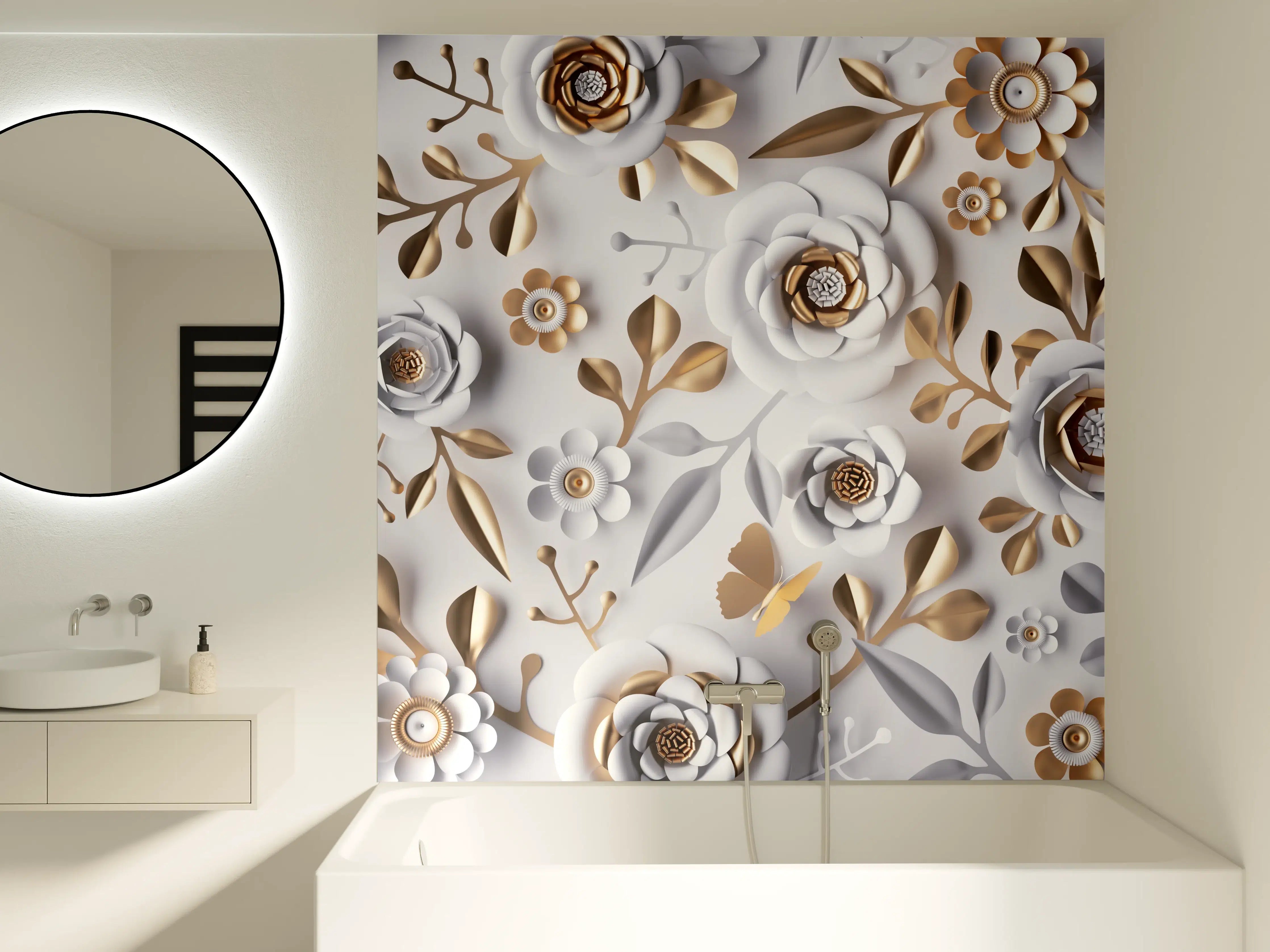 Badewannen-Rückwand - Weiße Papierblumen Goldakzente