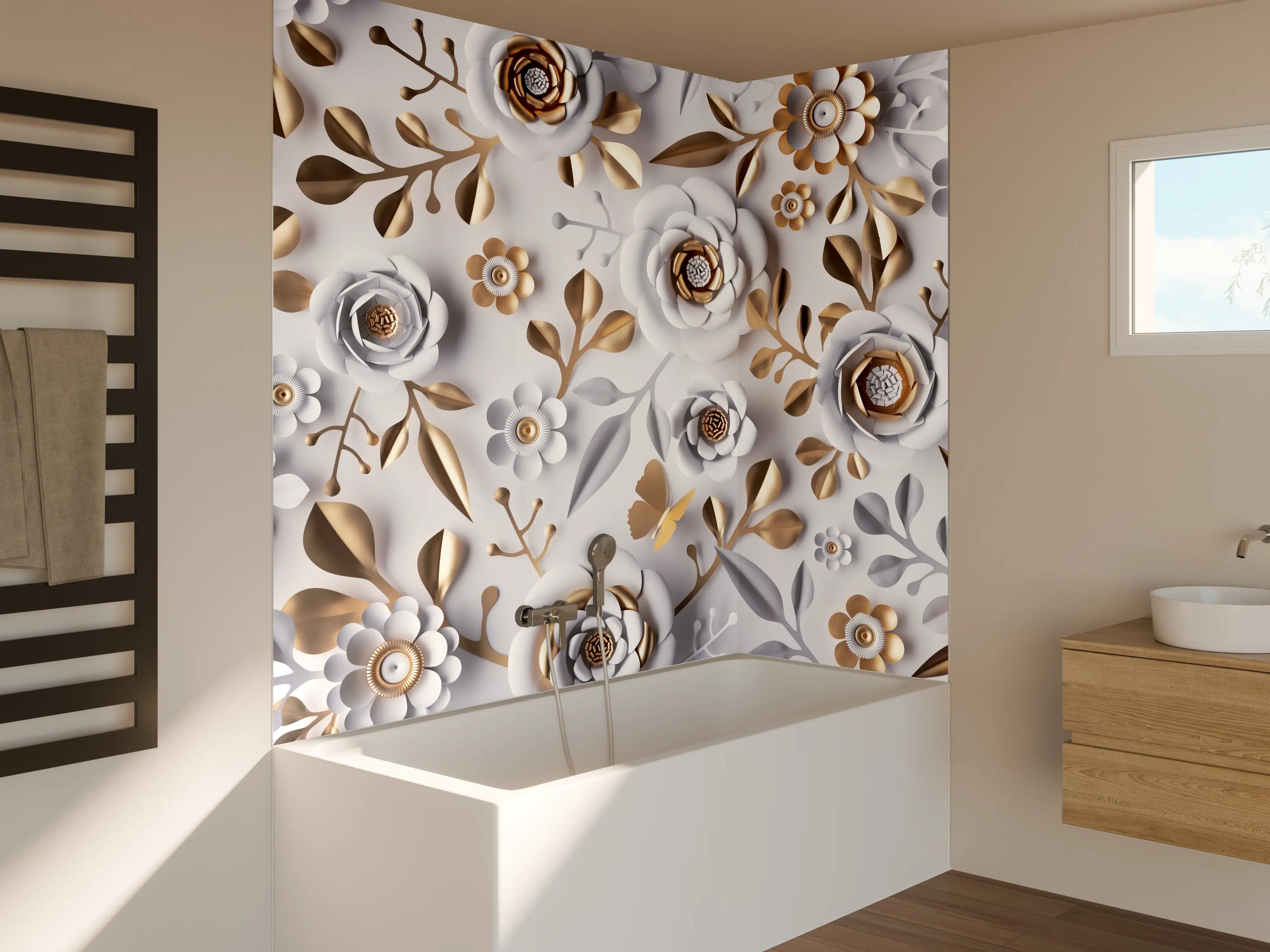 Badewannen-Rückwand - Weiße Papierblumen Goldakzente