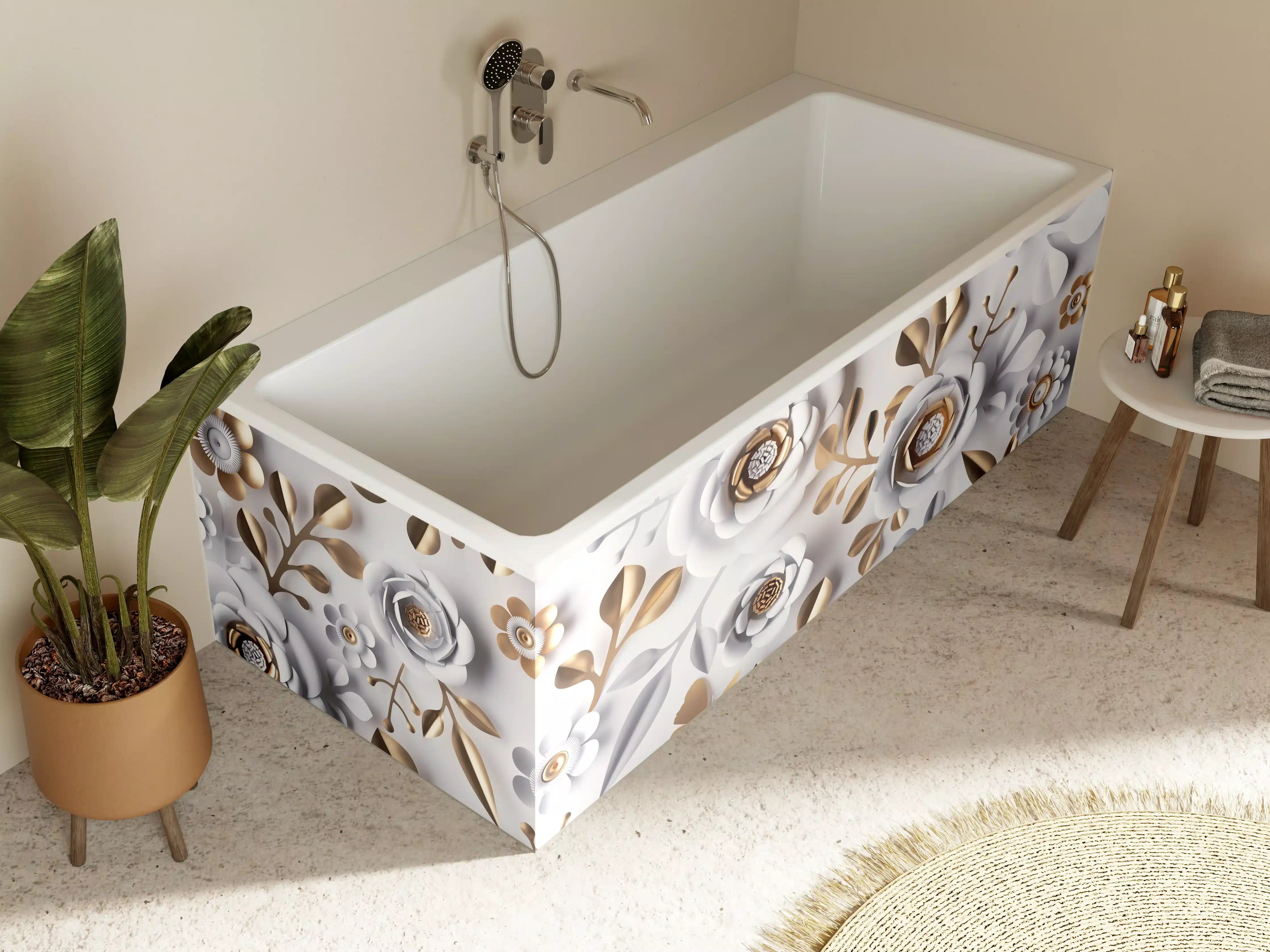 Badewannen-Rückwand - Weiße Papierblumen Goldakzente
