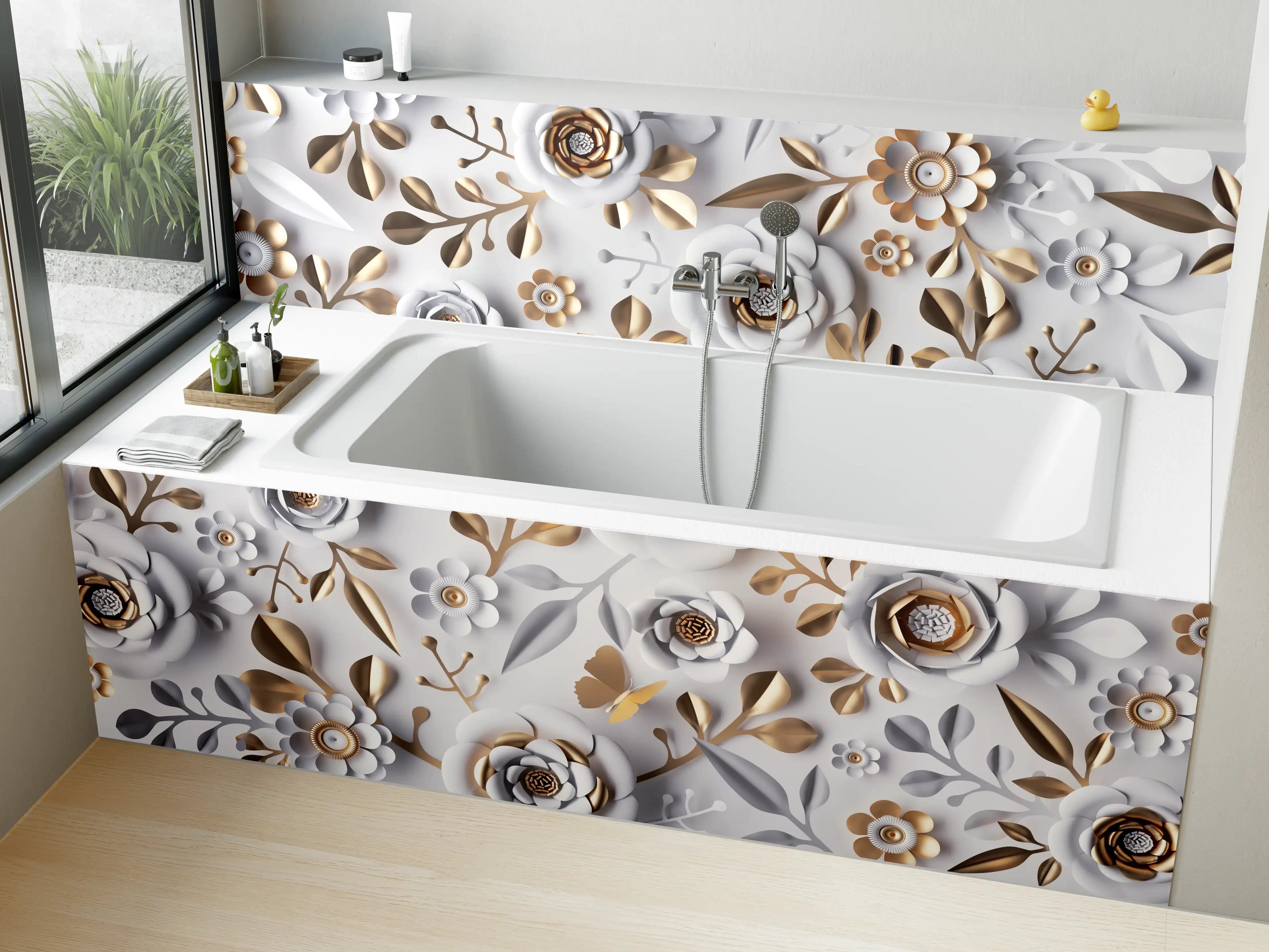 Badewannen-Rückwand - Weiße Papierblumen Goldakzente