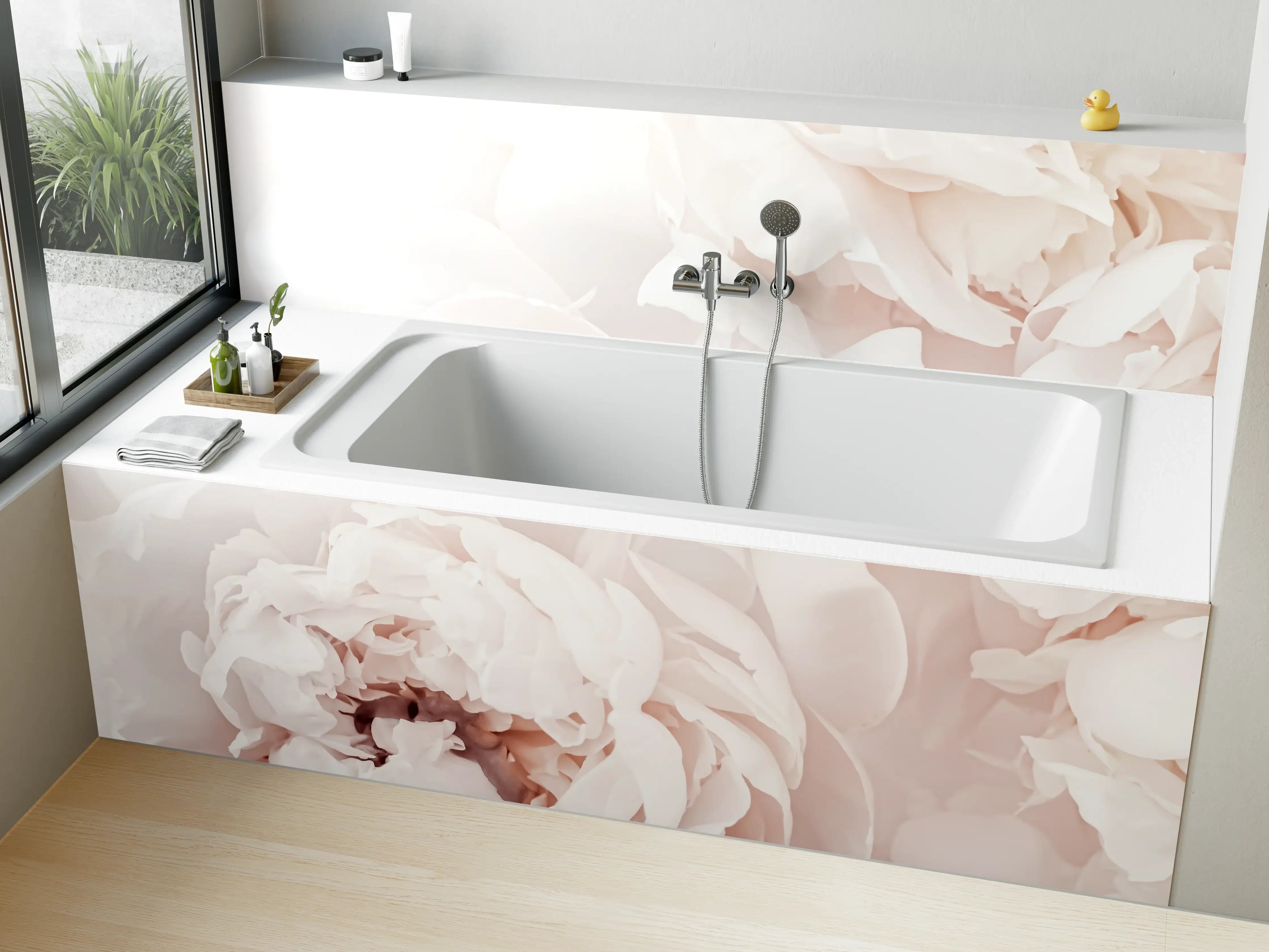 Badewannen-Rückwand - Weiße Peony-Blumen mit zarten Rosatönen