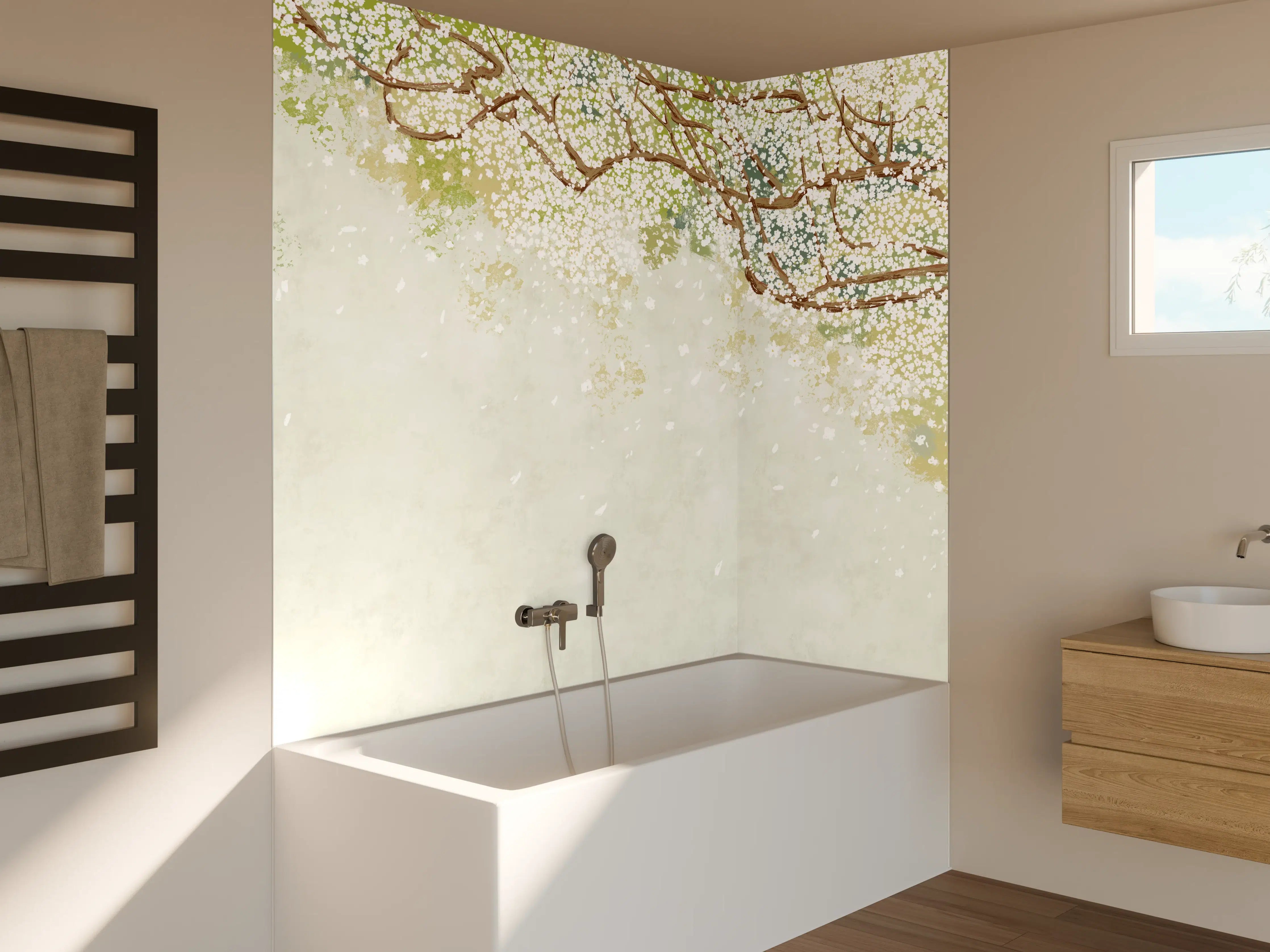 Badewannen-Rückwand - Weiße Sakura Blätter - Vintage