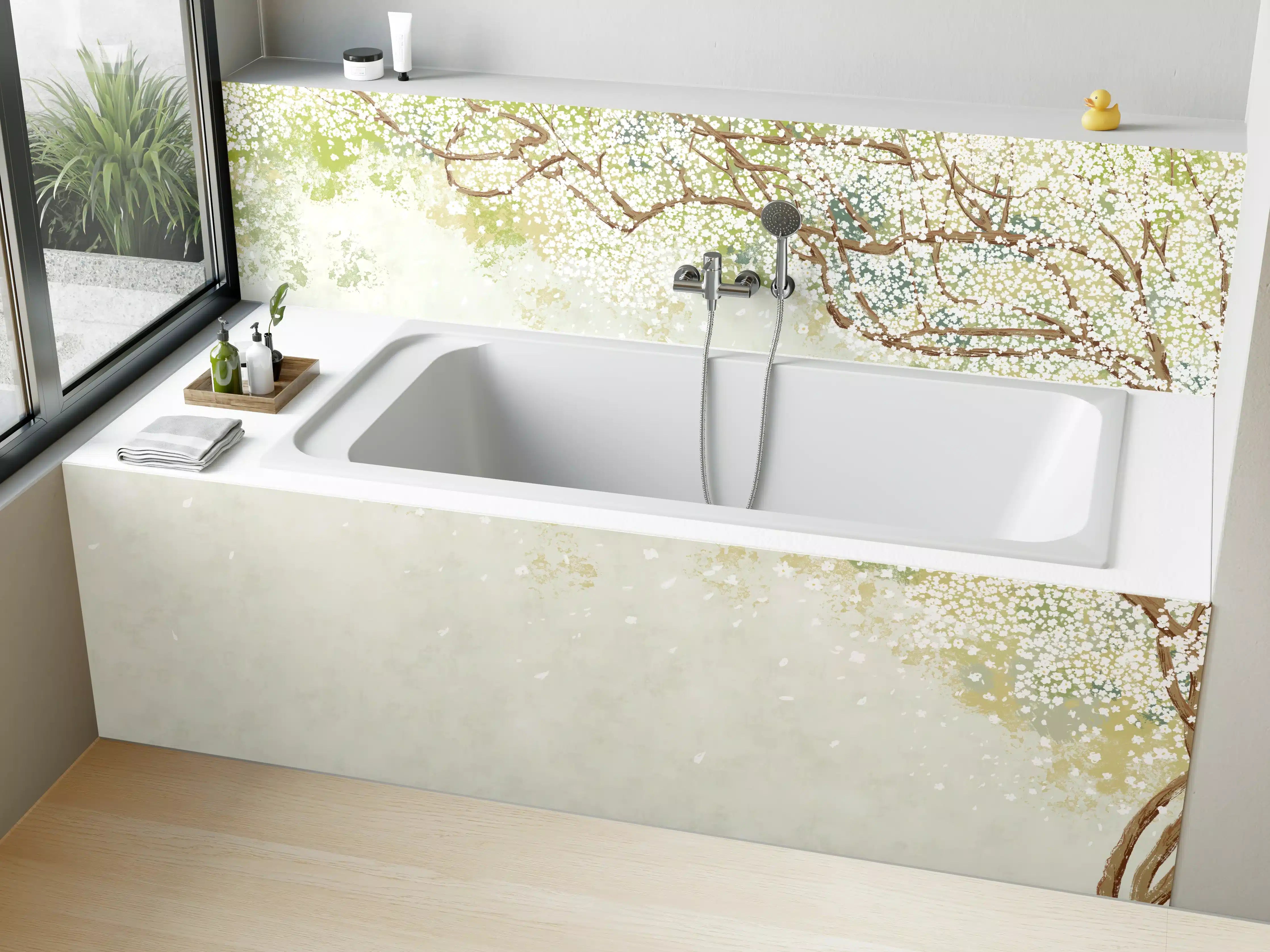 Badewannen-Rückwand - Weiße Sakura Blätter - Vintage