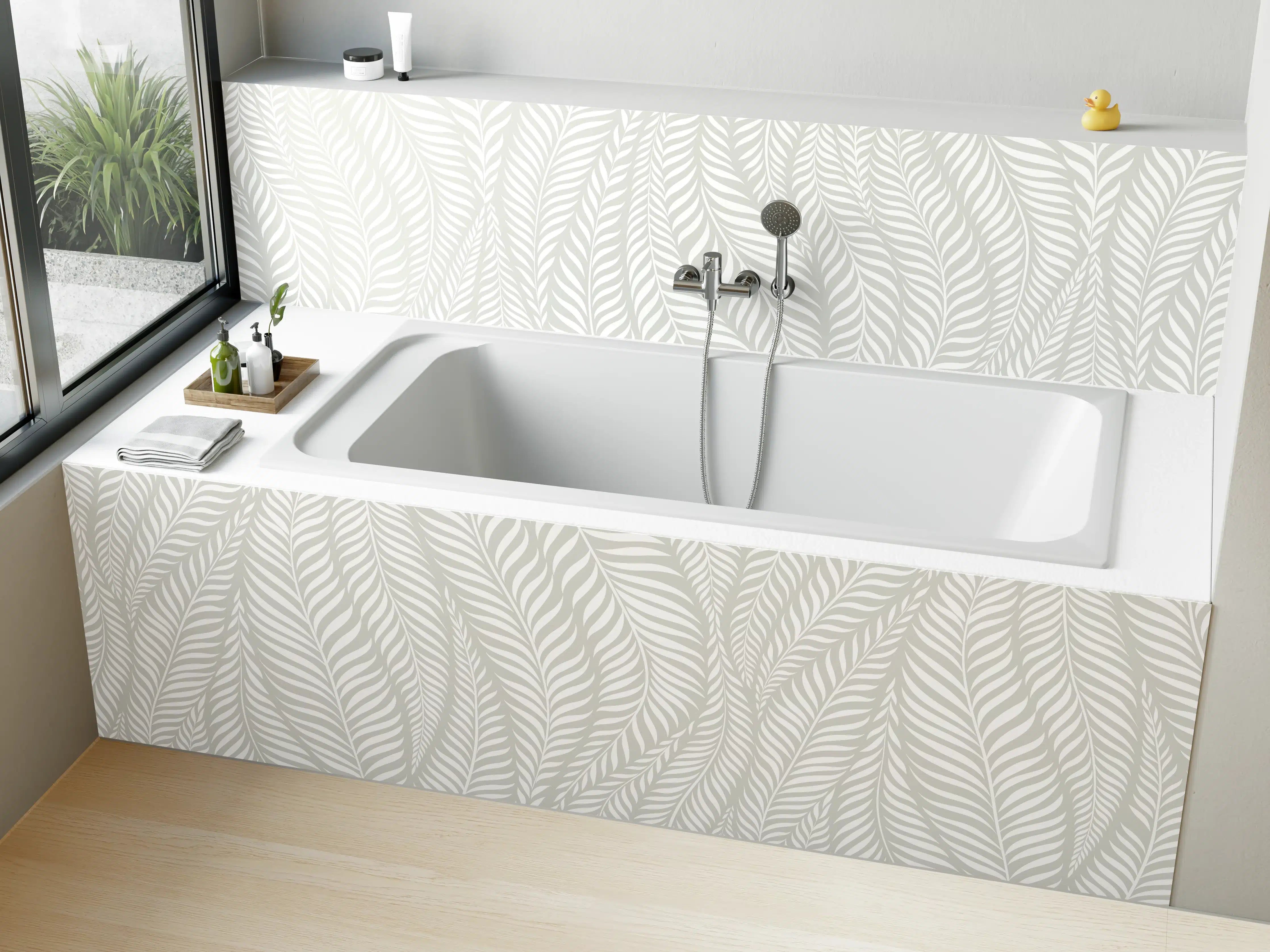 Badewannen-Rückwand - Weiße Wand mit zarten Blättermustern