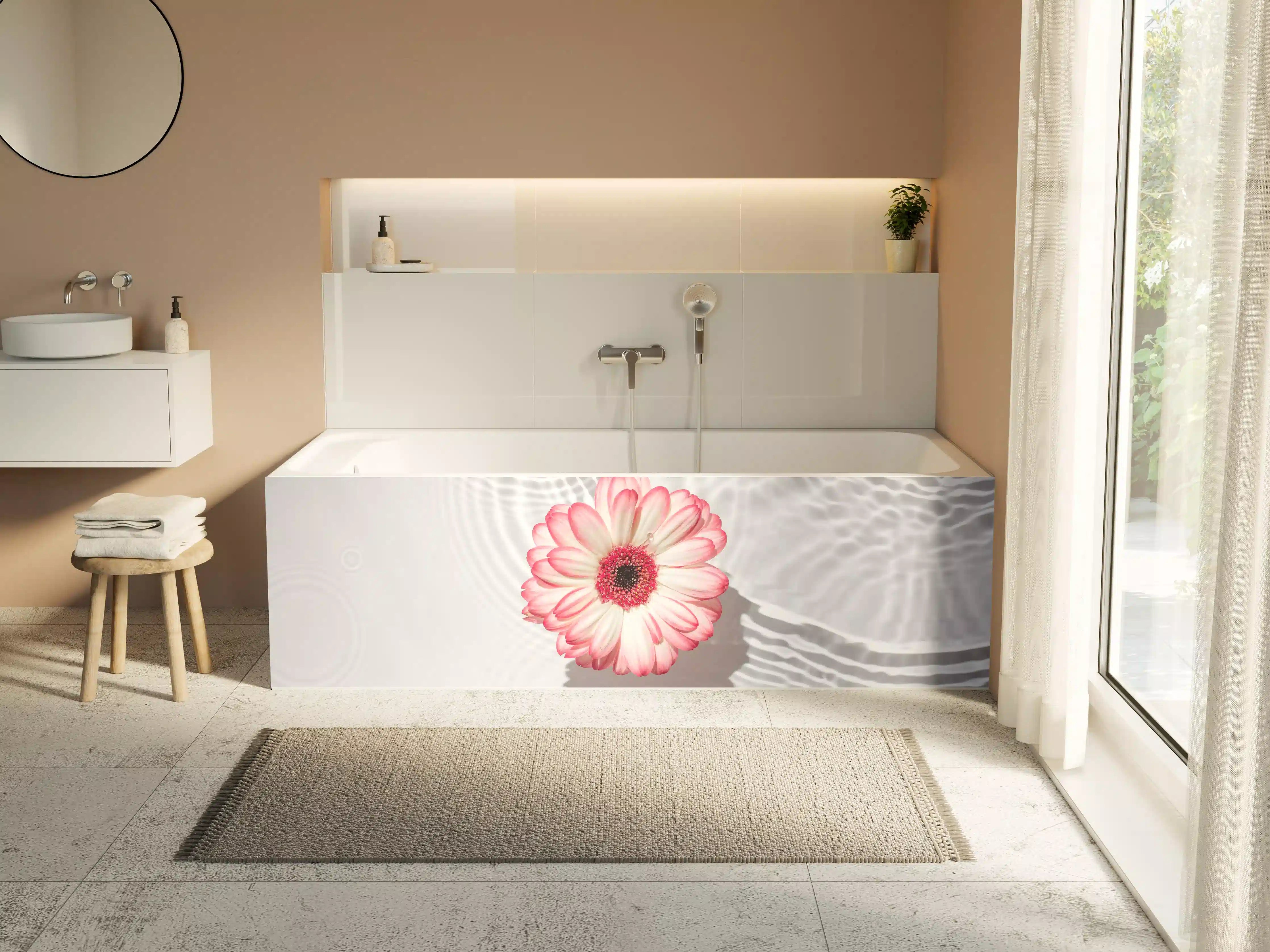 Badewannen-Rückwand - Weiße Wasserblume in Rosa