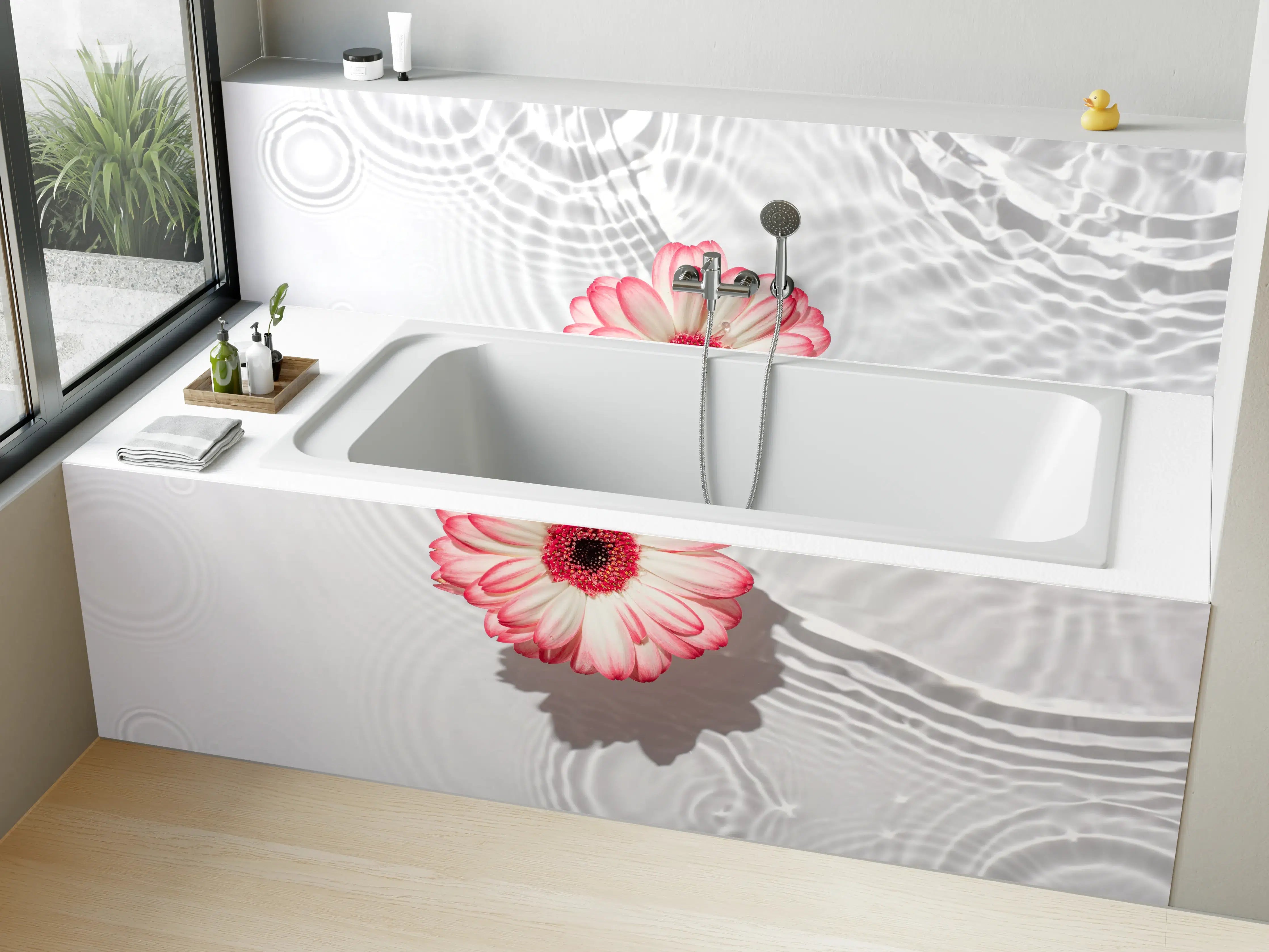 Badewannen-Rückwand - Weiße Wasserblume in Rosa