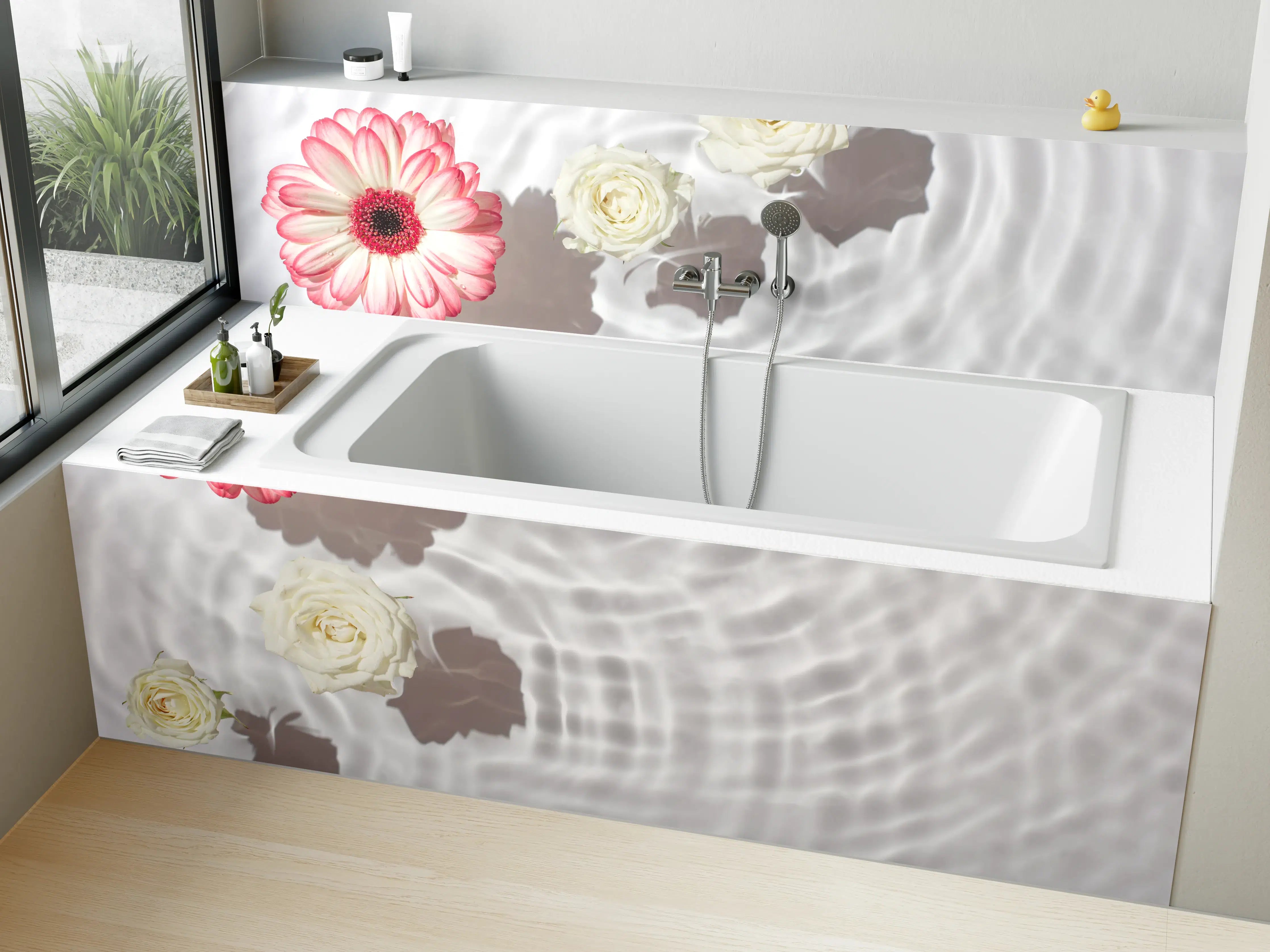 Badewannen-Rückwand - Weiße Wasserblumen mit Rosa-Akzent