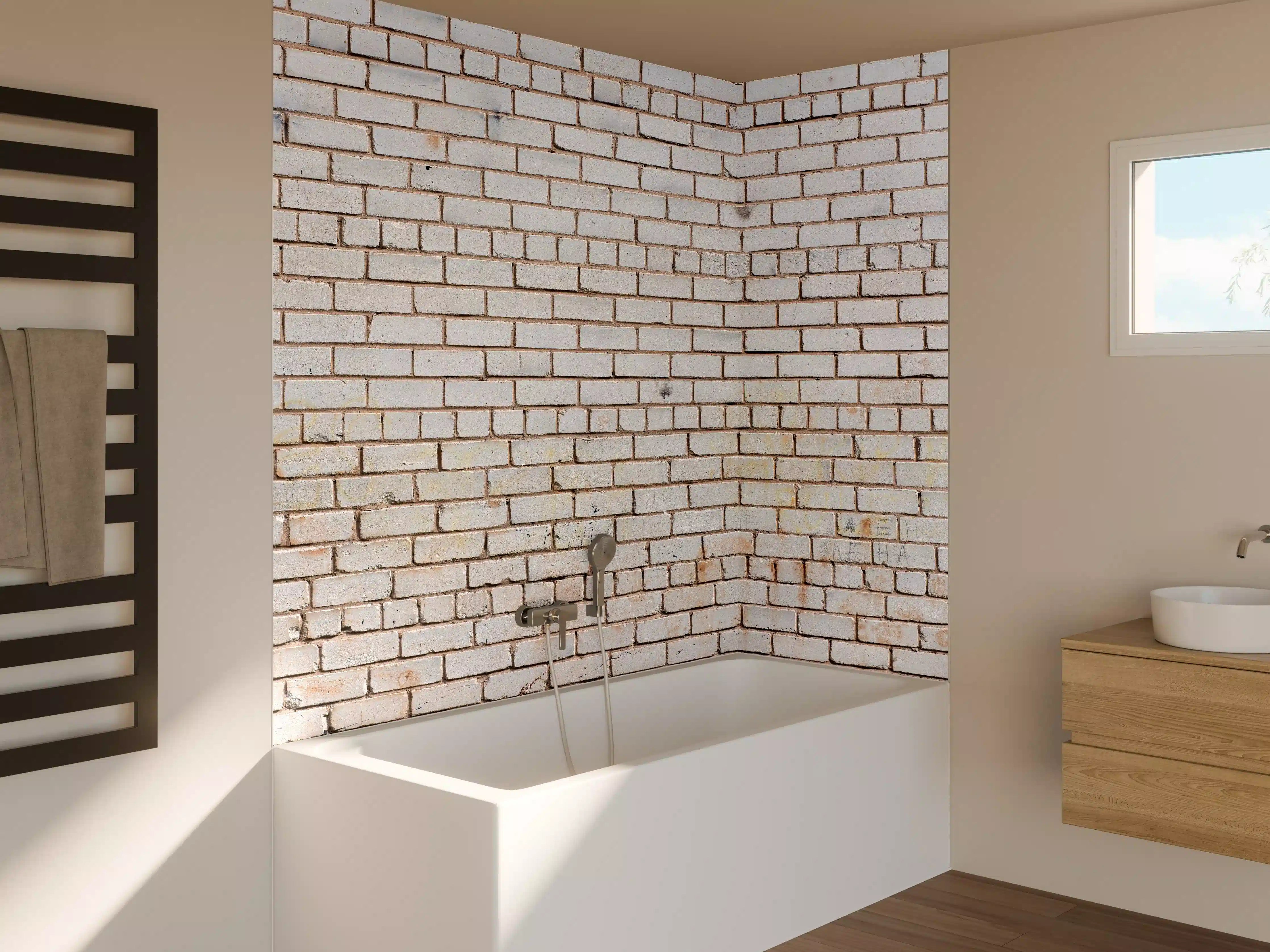 Badewannen-Rückwand - Weiße Ziegelwand mit zarten Grautönen - realistische Textur