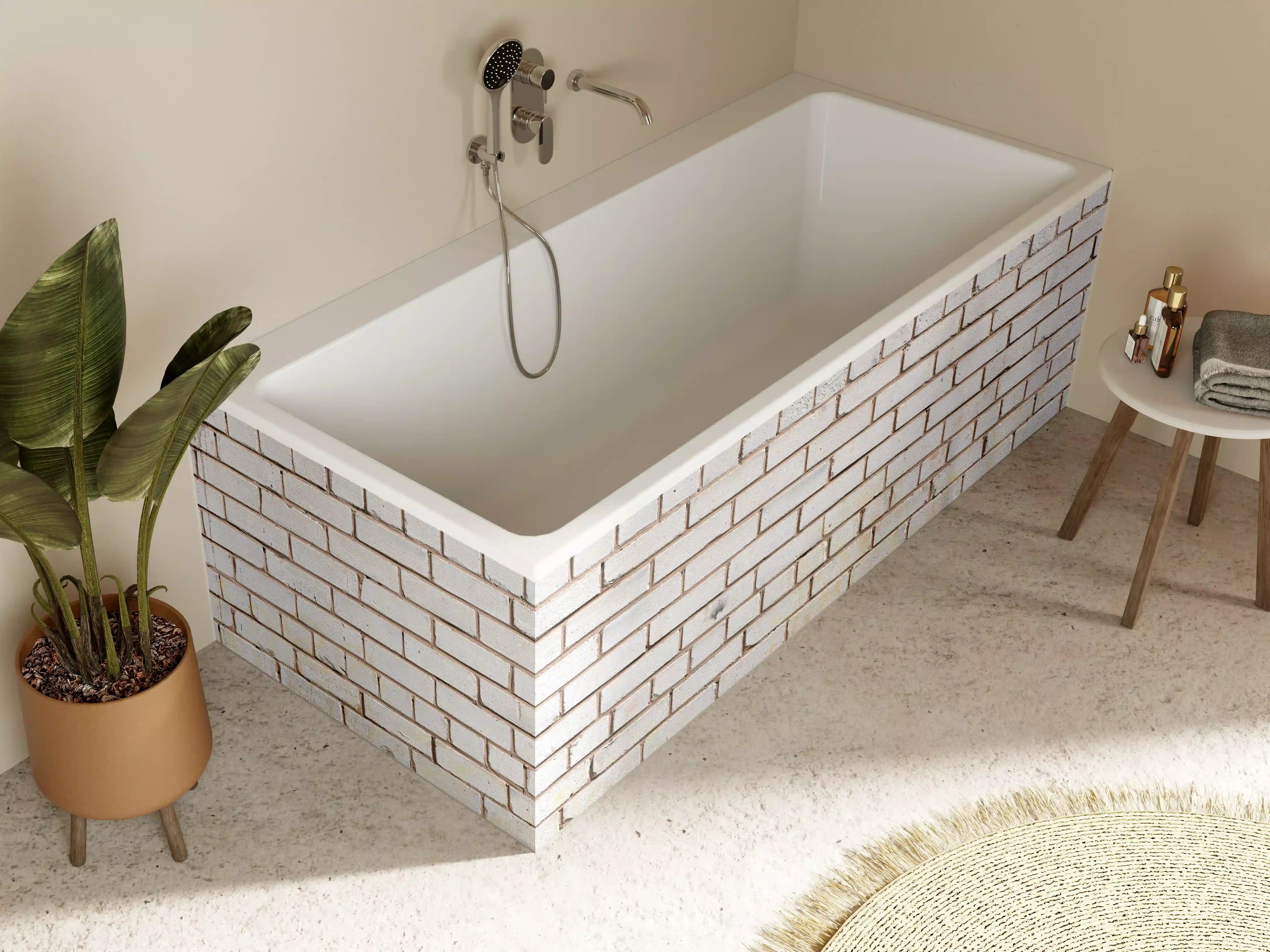 Badewannen-Rückwand - Weiße Ziegelwand mit zarten Grautönen - realistische Textur