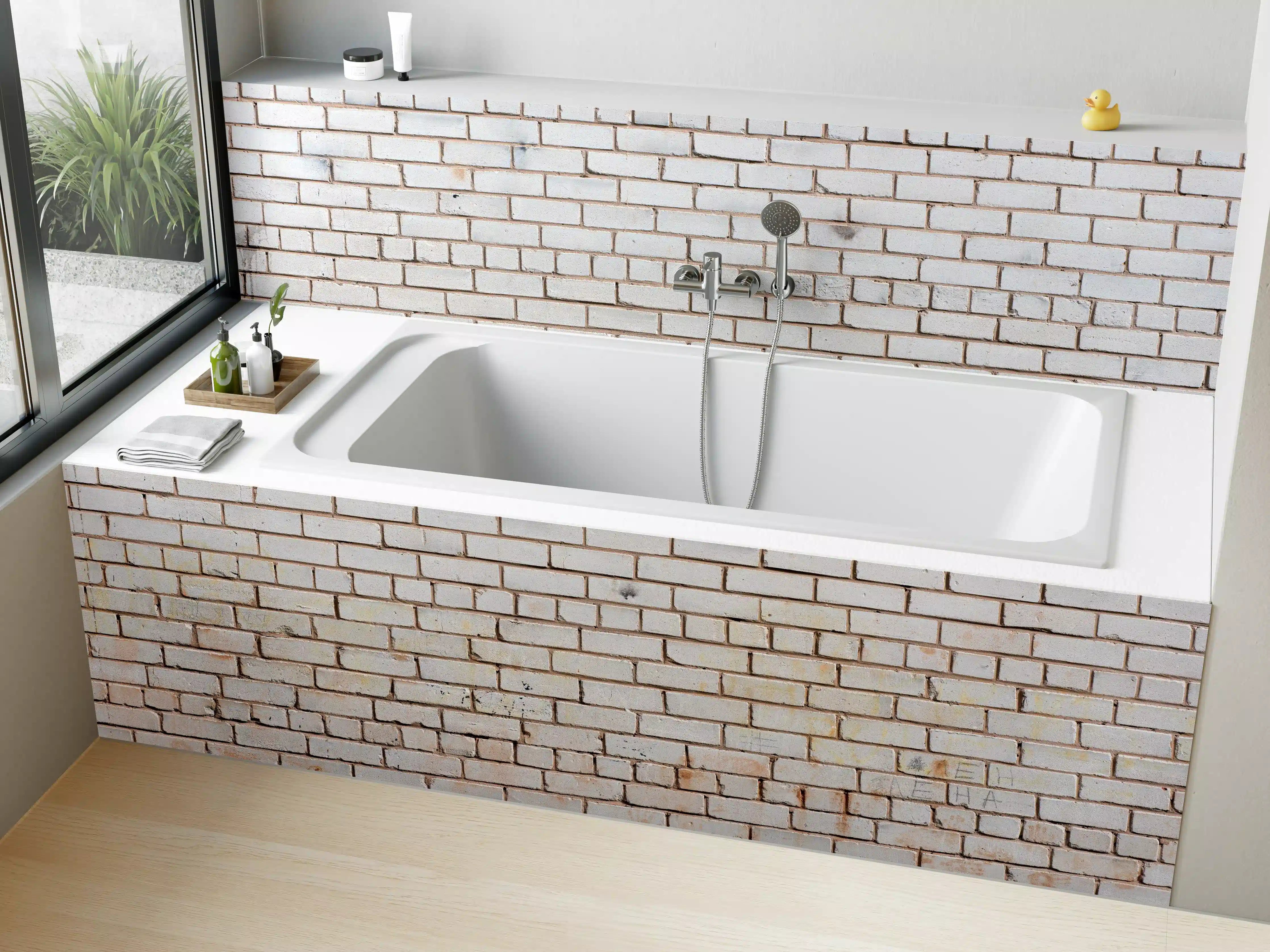 Badewannen-Rückwand - Weiße Ziegelwand mit zarten Grautönen - realistische Textur