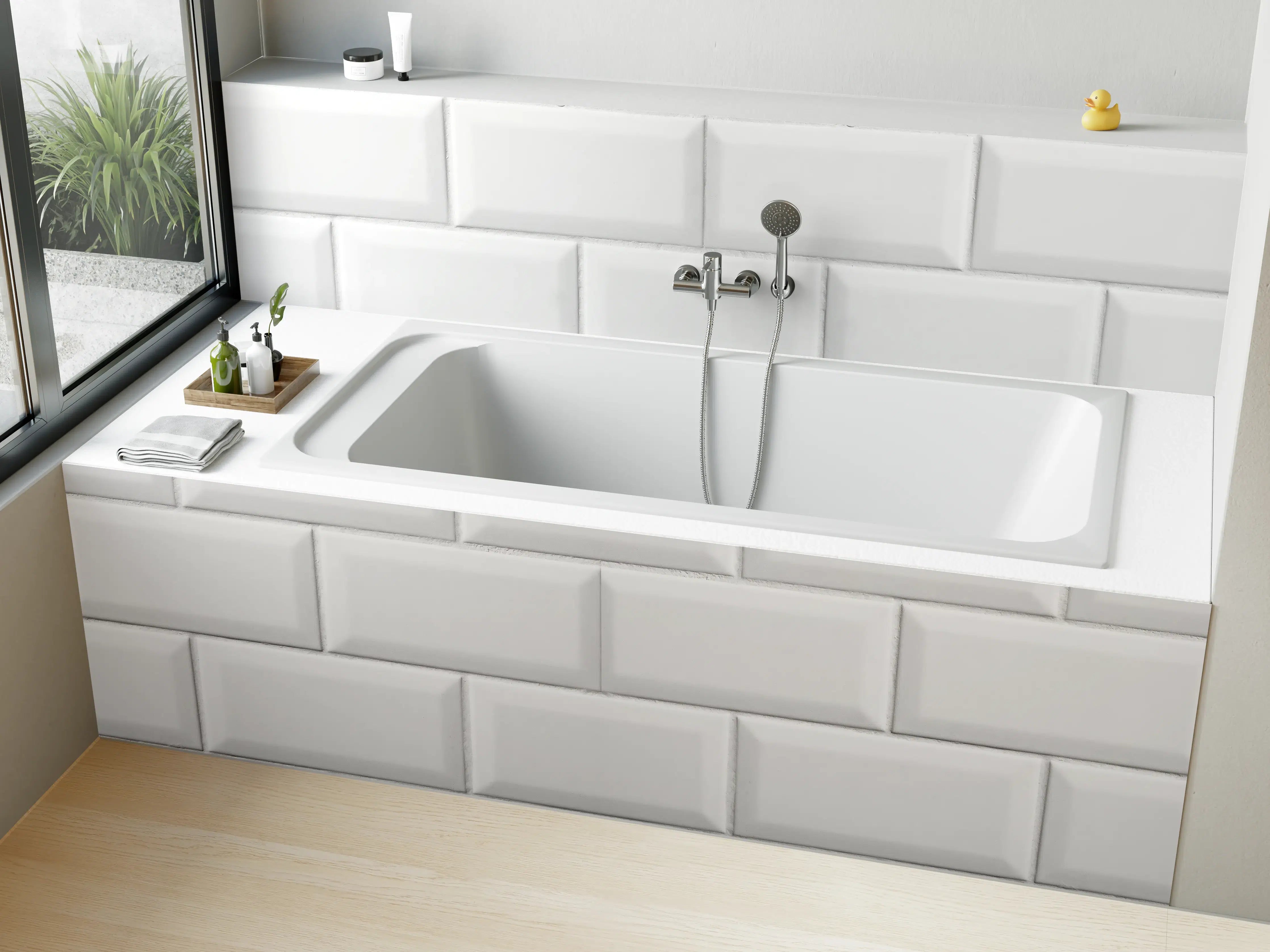 Badewannen-Rückwand - Weiße helle glänzende Ziegelfliesen