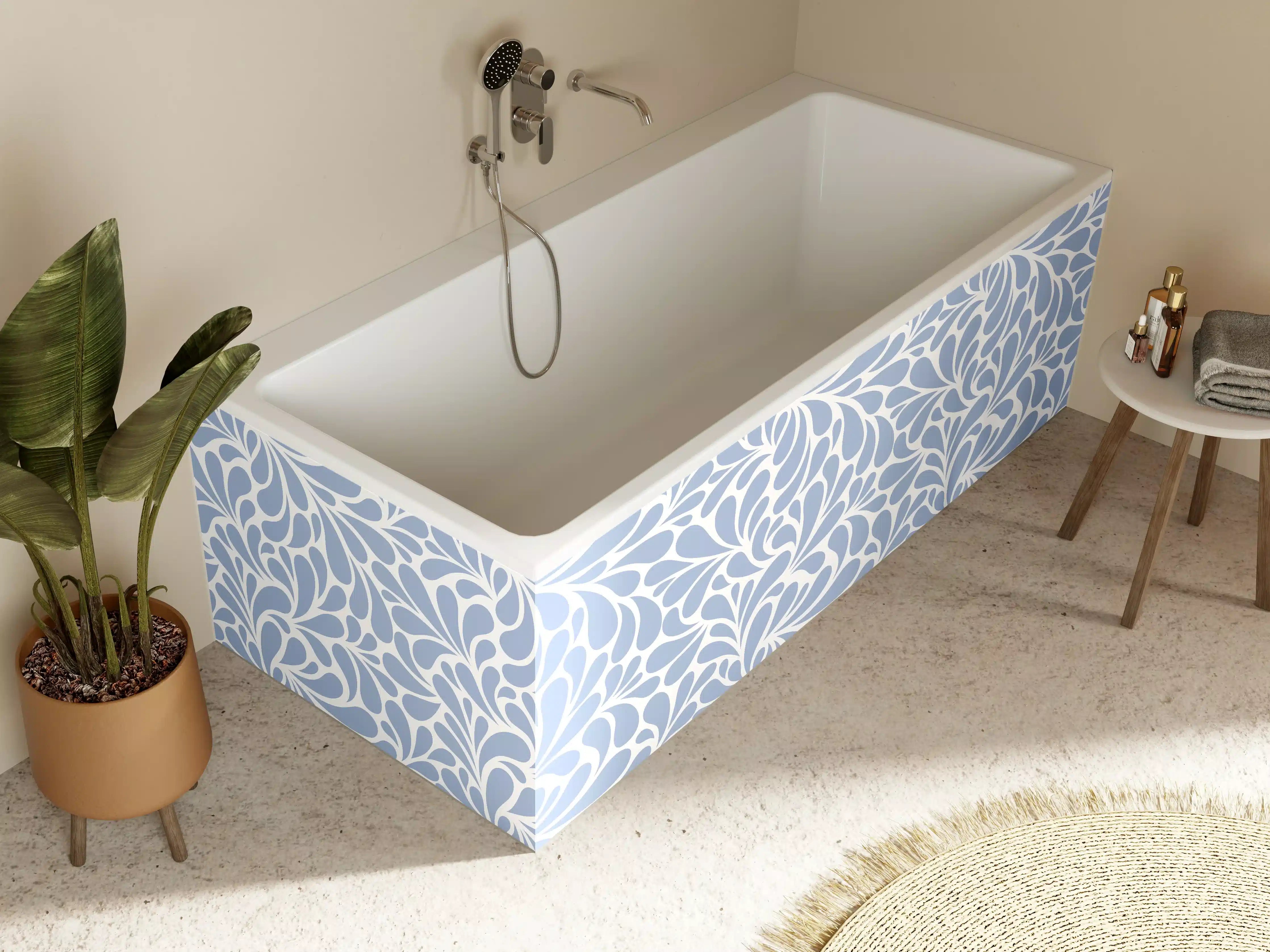 Badewannen-Rückwand - Weiße und blaue Blättermuster