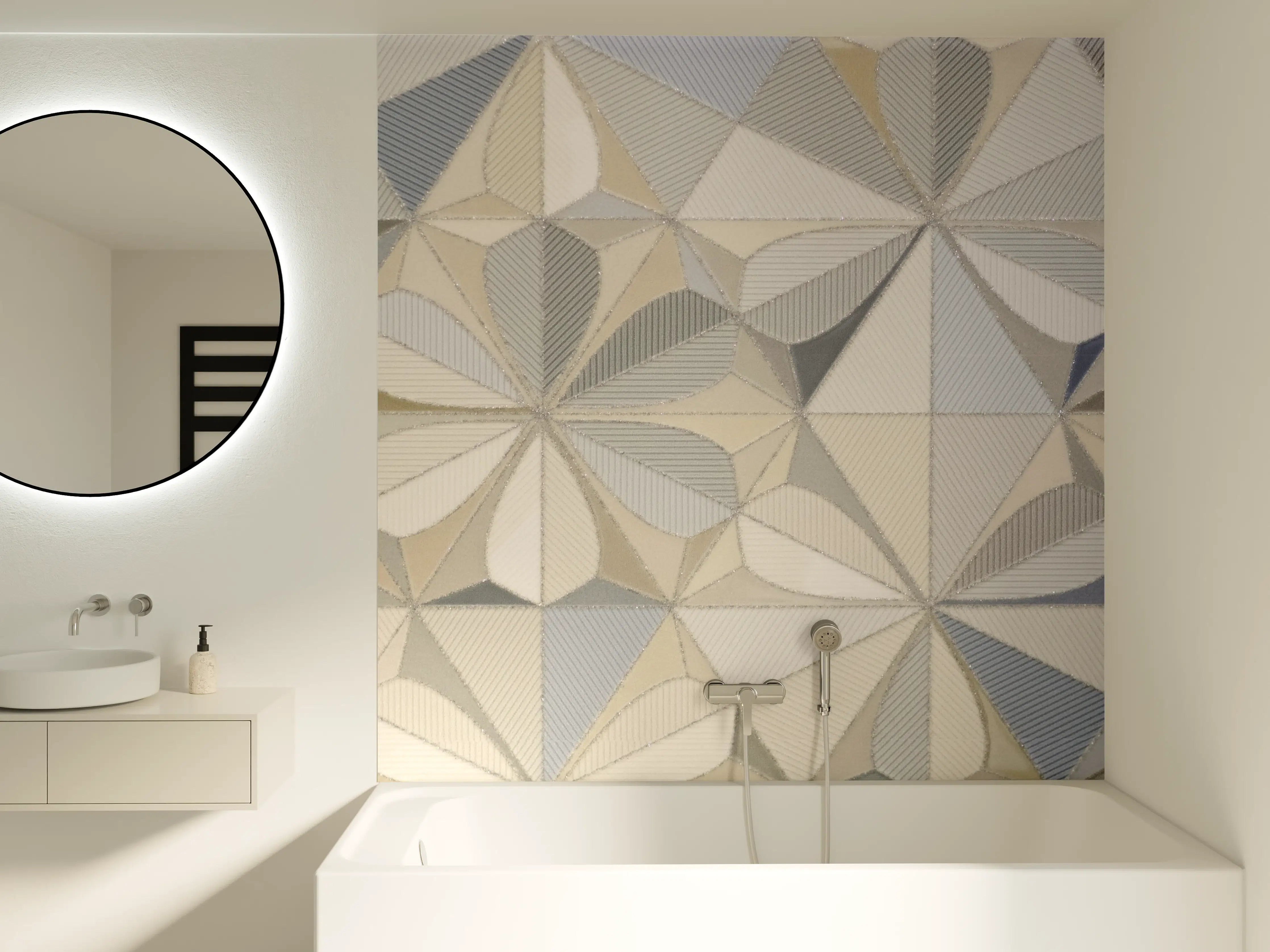 Badewannen-Rückwand - Weiße und graue geometrische Musterfliesen