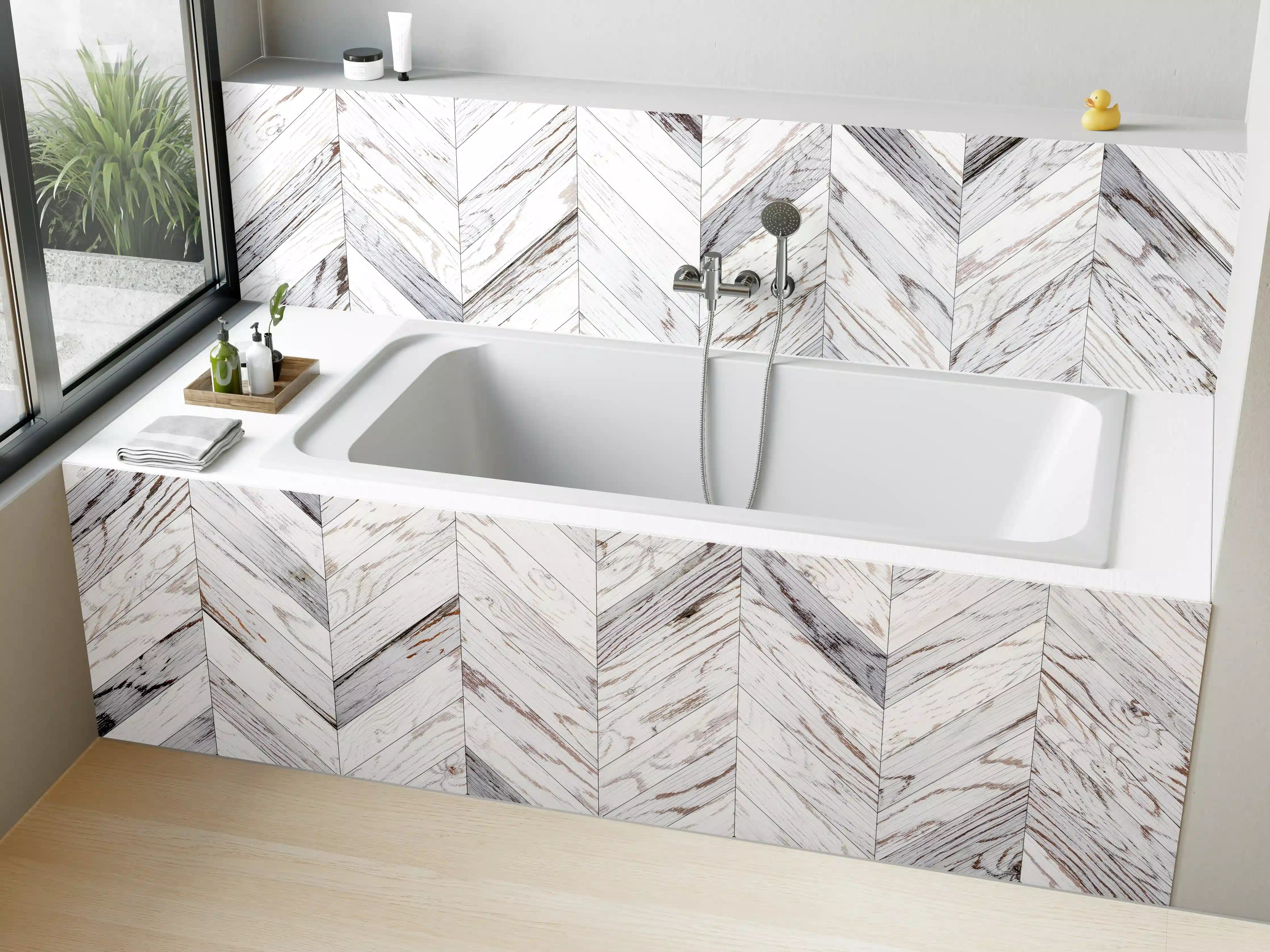 Badewannen-Rückwand - Weißer Chevron - Holzoptik